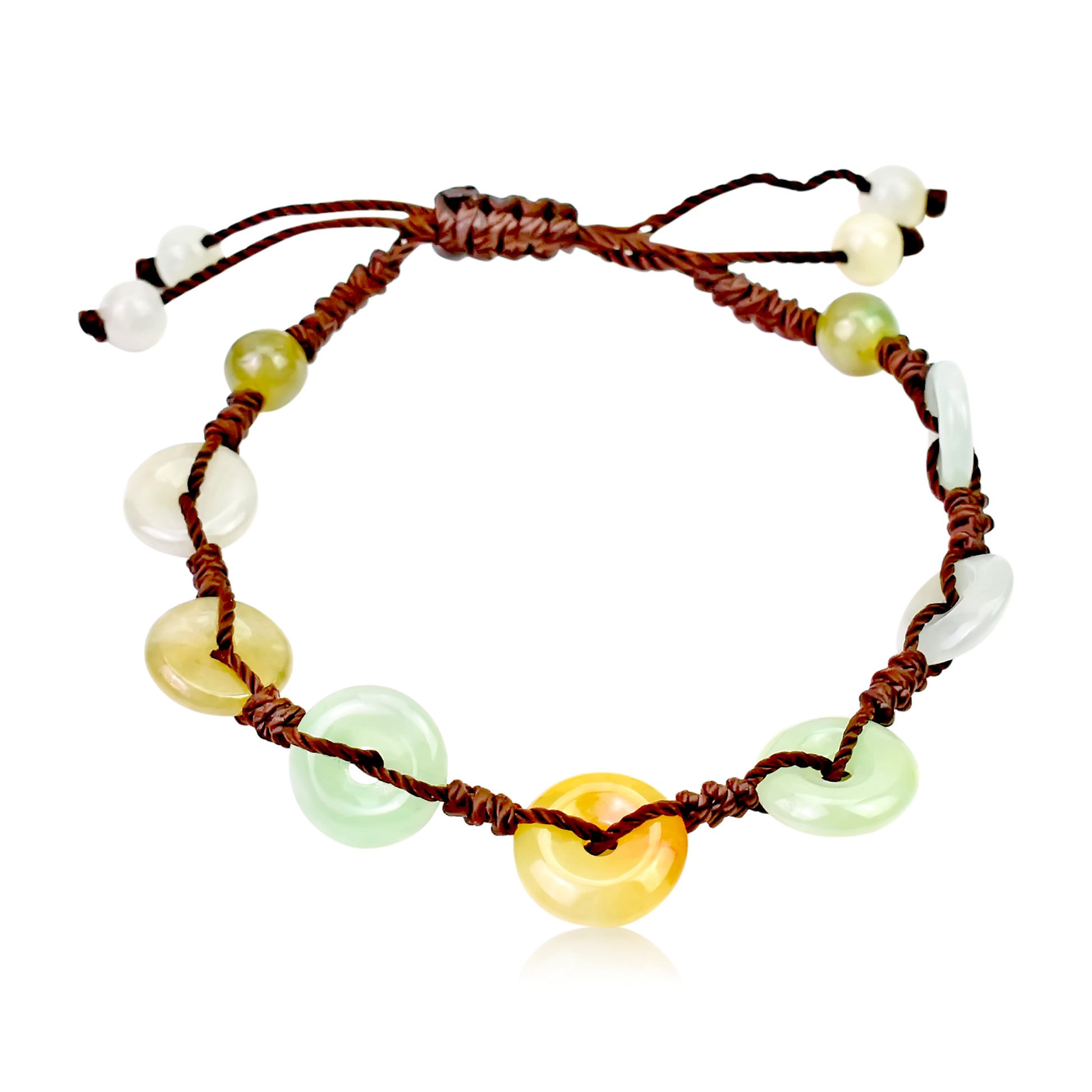 Radiate Good Energy with this Linear Eternity PI Handmade Jade Bracelet made with Brown Cord