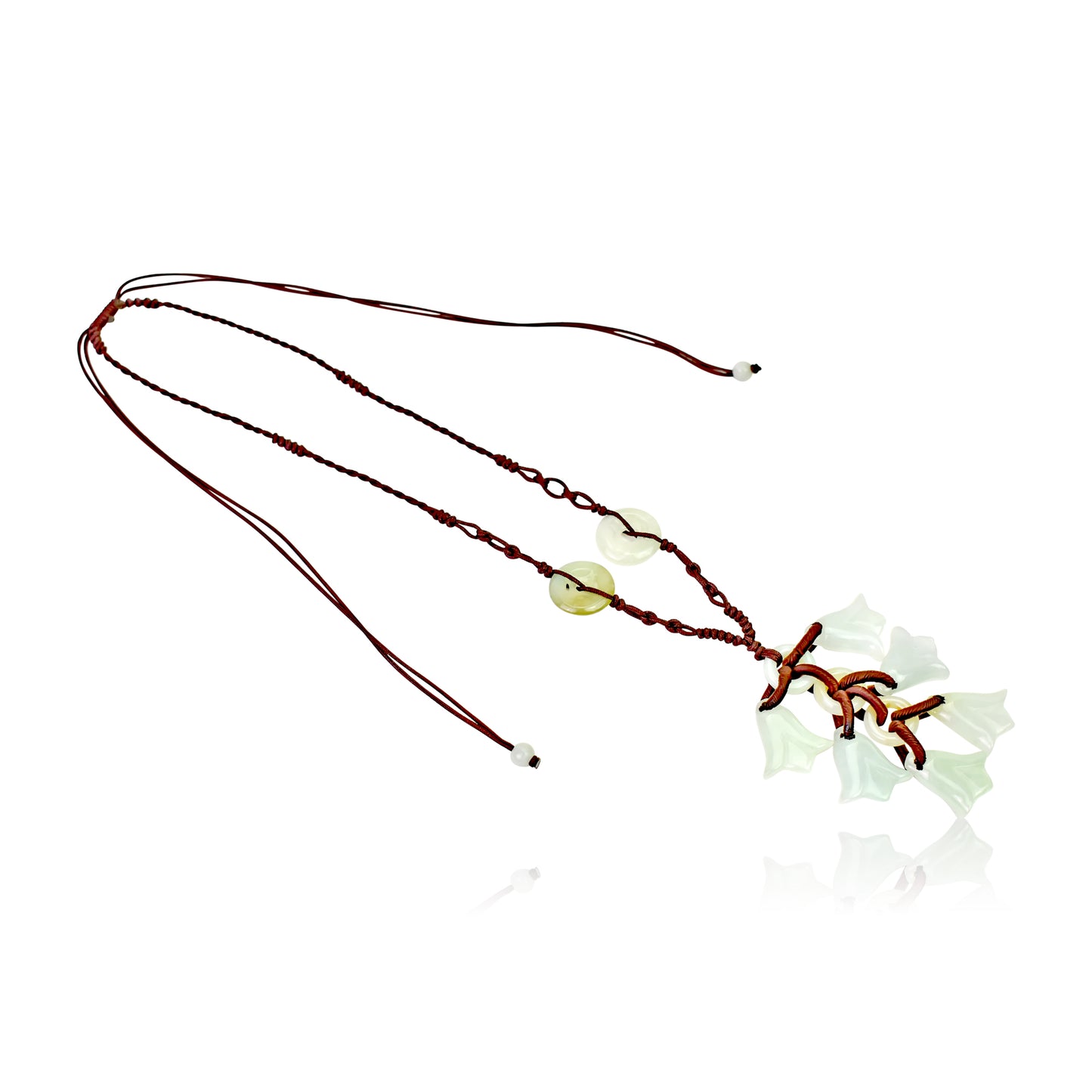 Beautiful and Dainty Bellflower Dangles Handmade Jade Necklace Pendant with Brown Cord