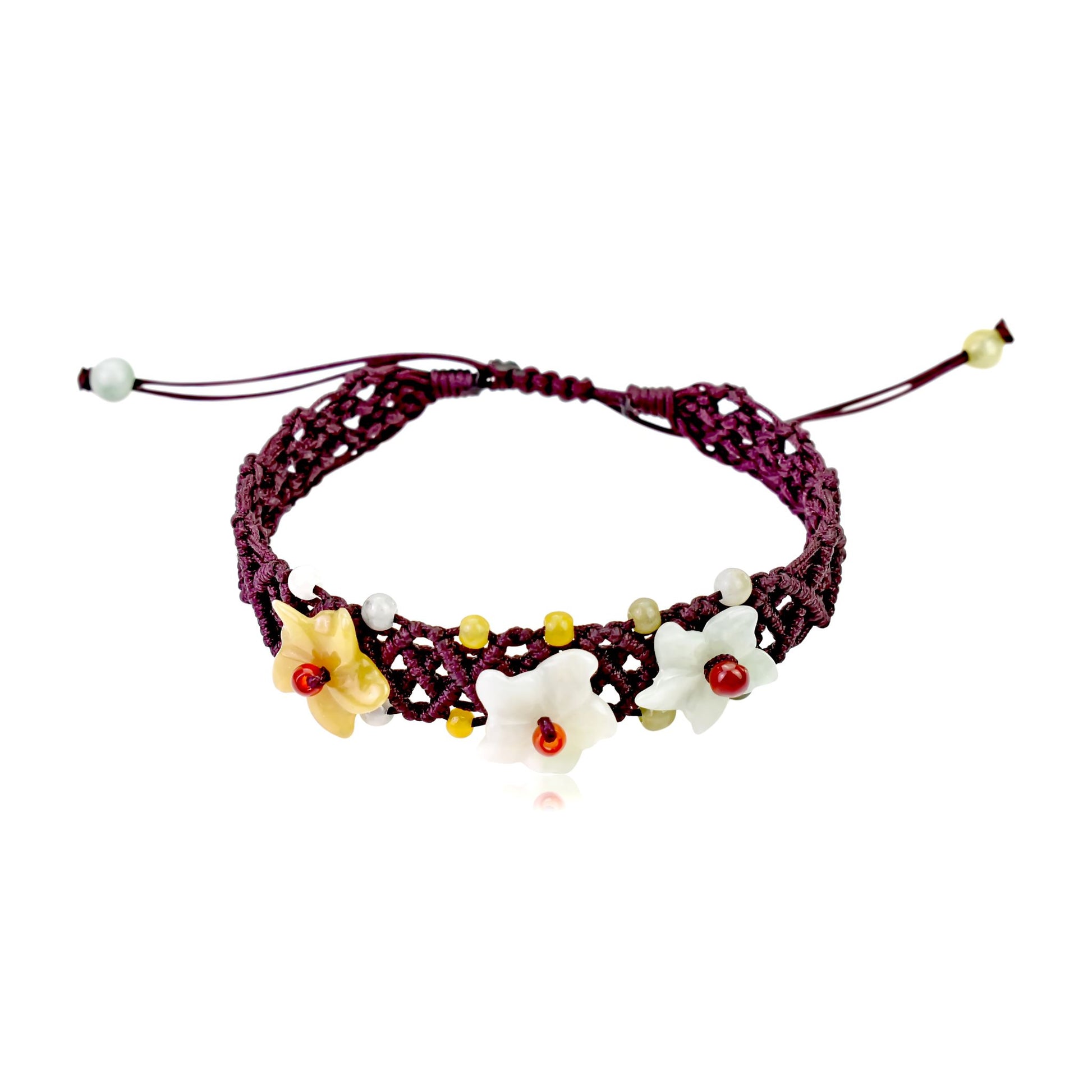 Crafted from Premium Jade: The Breath of Heaven Flower Bracelet made with Brown Cord