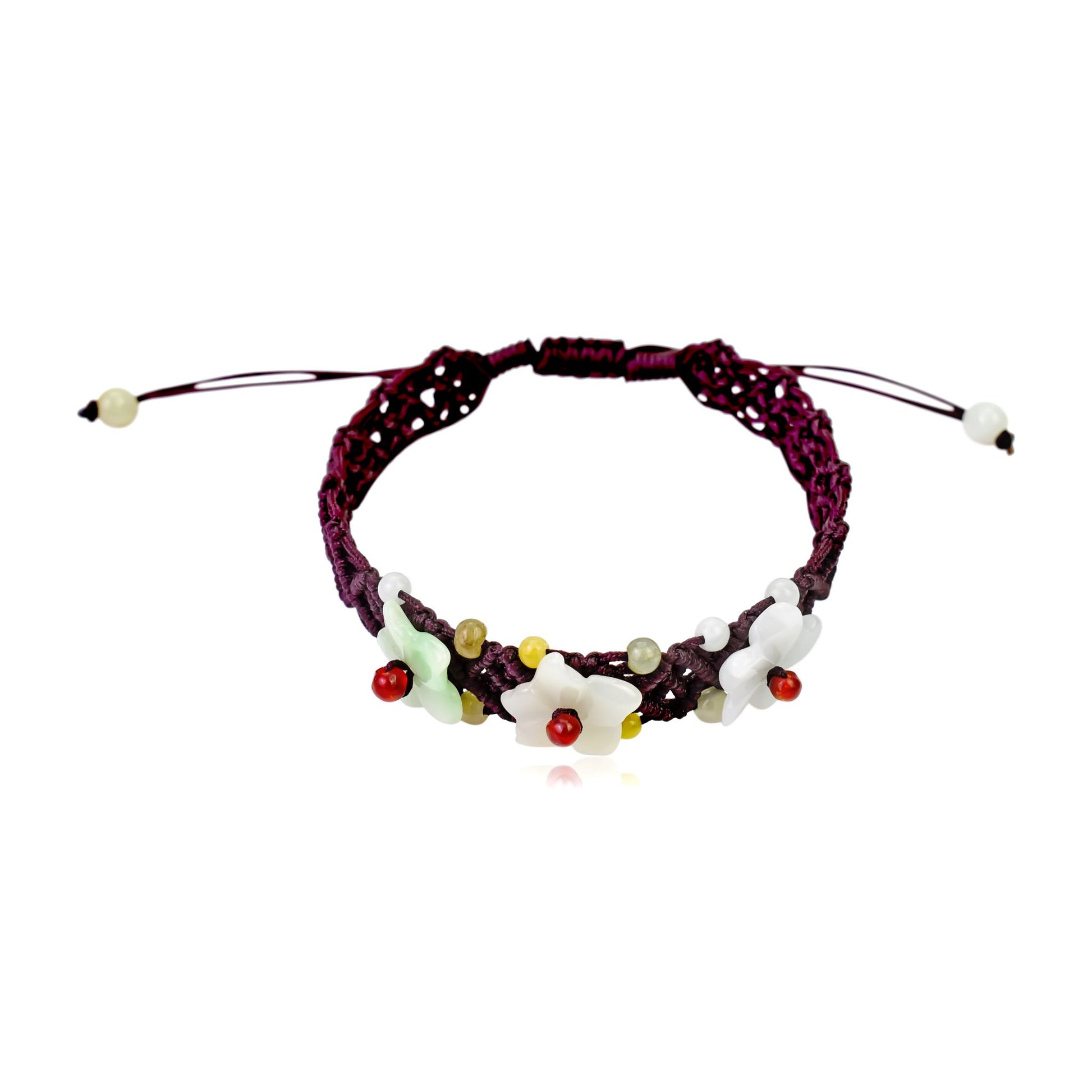 Crafted from Premium Jade: The Breath of Heaven Flower Bracelet made with Brown Cord