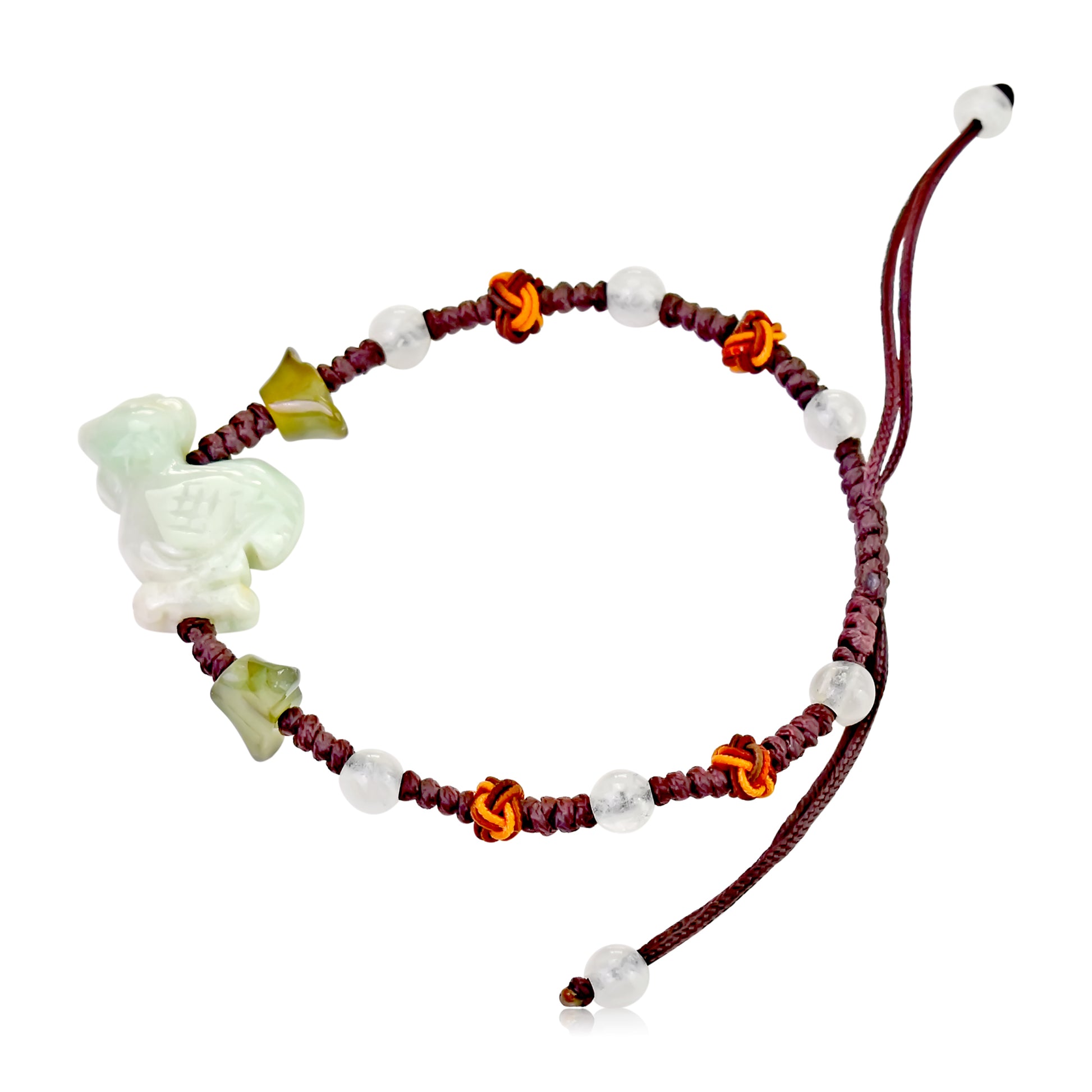 A Unique Gift: Rooster Chinese Zodiac Handmade Jade Bracelet made with Brown Cord