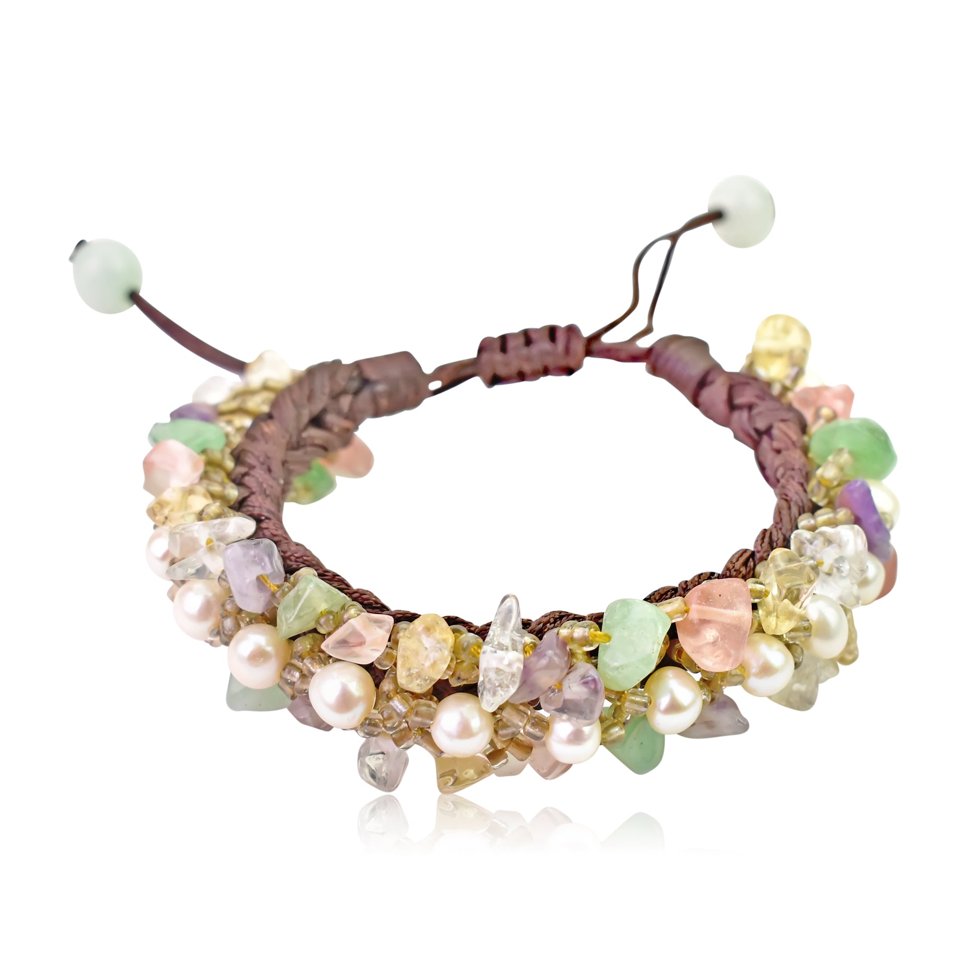 Shine Bright with Massive Pearl and Colorful Gemstones Bracelet made with Brown Cord