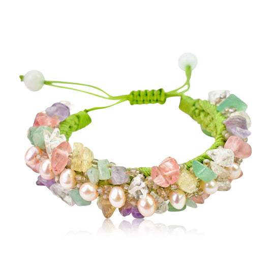 Shine Bright with Massive Pearl and Colorful Gemstones Bracelet made with Lime Cord