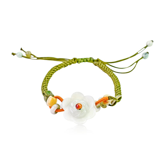Get that Glow with the Daisy Flower Jade Adjustable Charm Bracelet made with Navy Green Cord