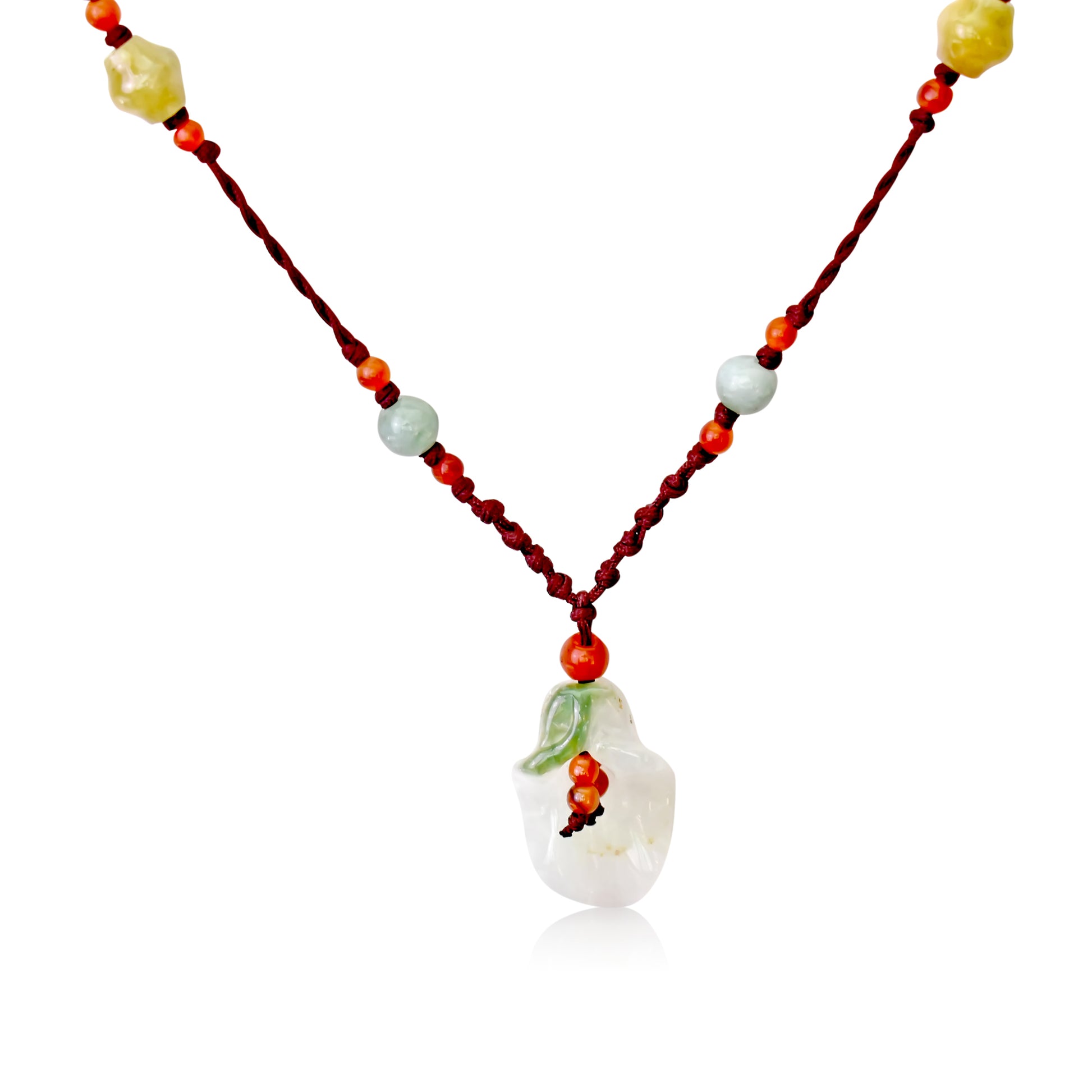Bellflower Jade Pendant Necklace Handcrafted Gemstone Jewelry with Brown Cord