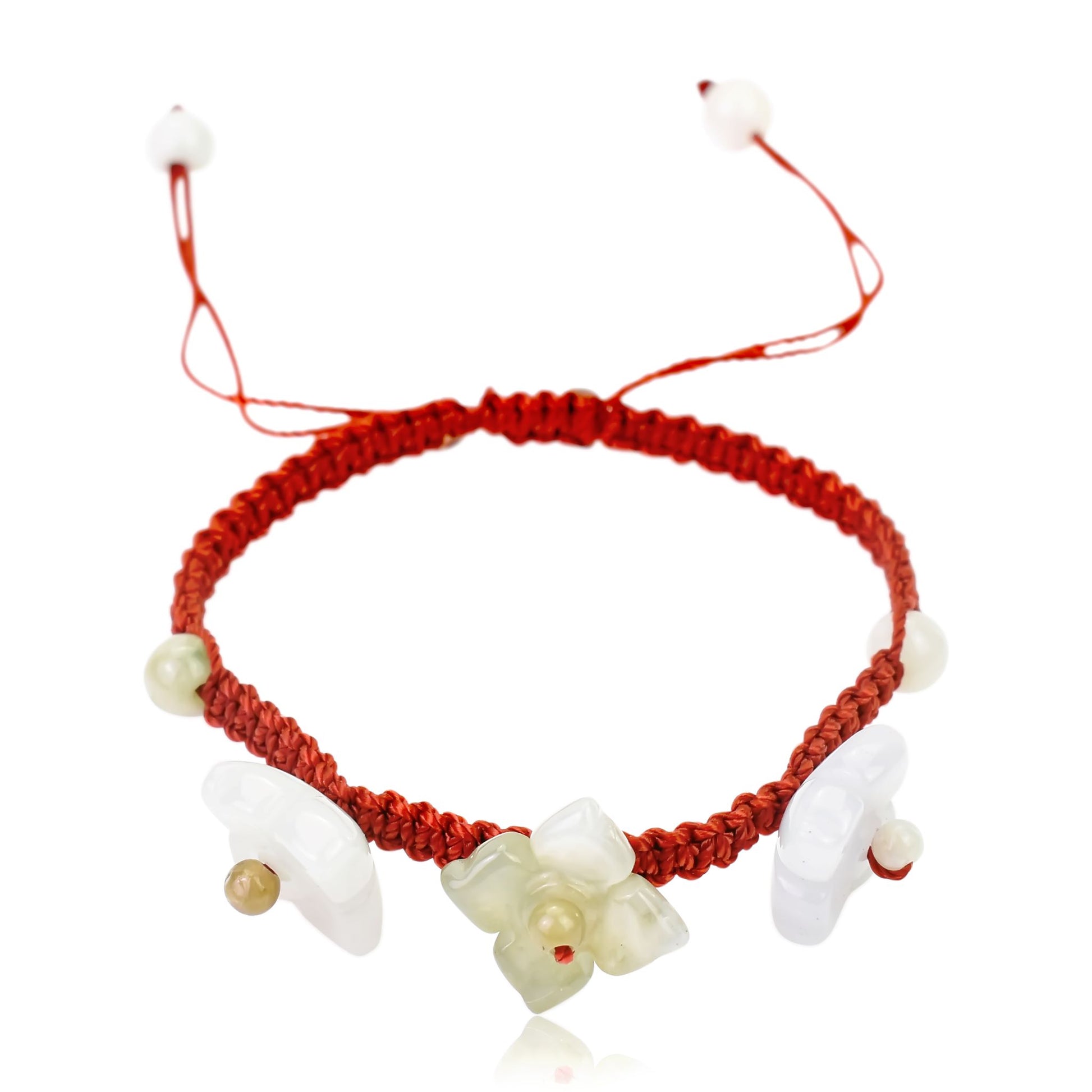 Get the Perfect Accessory with Triple Bouvardia Flower Jade Bracelet made with Maroon Cord