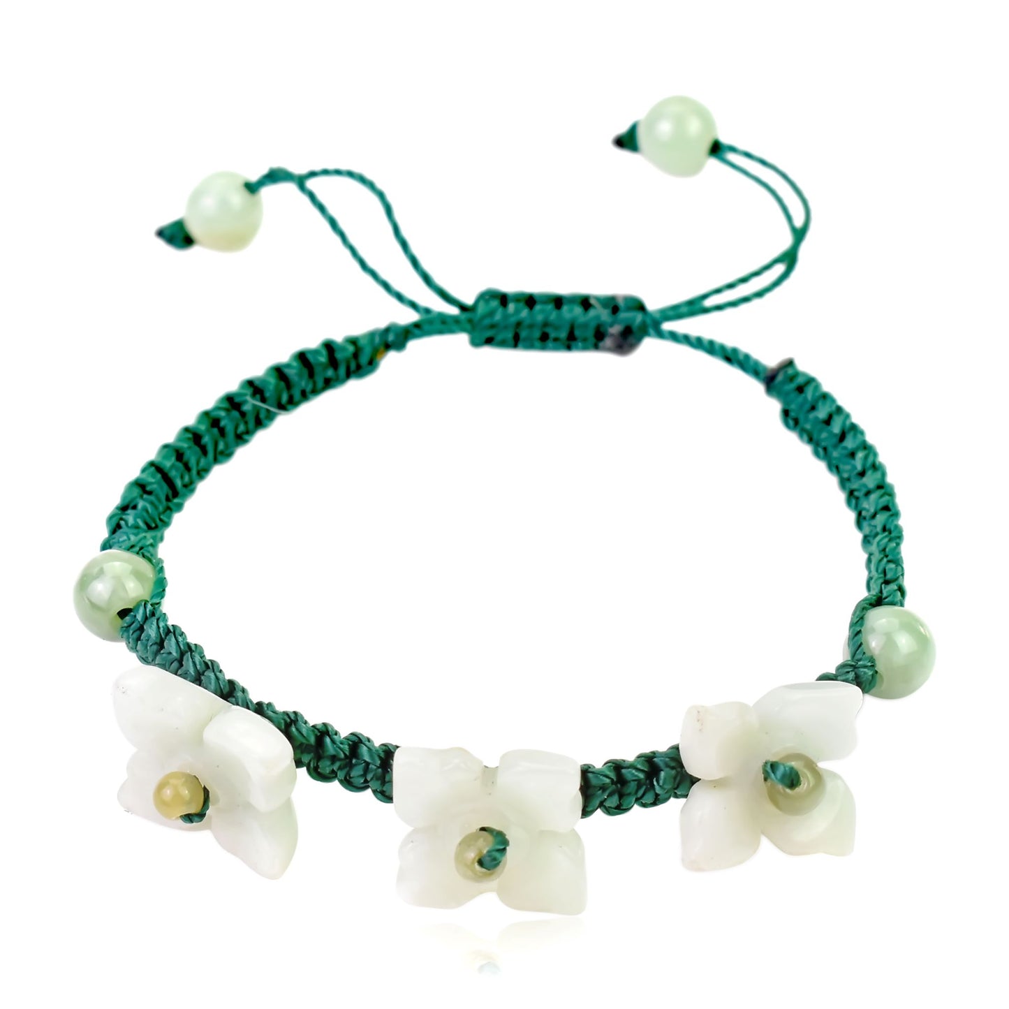 Get the Perfect Accessory with Triple Bouvardia Flower Jade Bracelet made with Green Cord