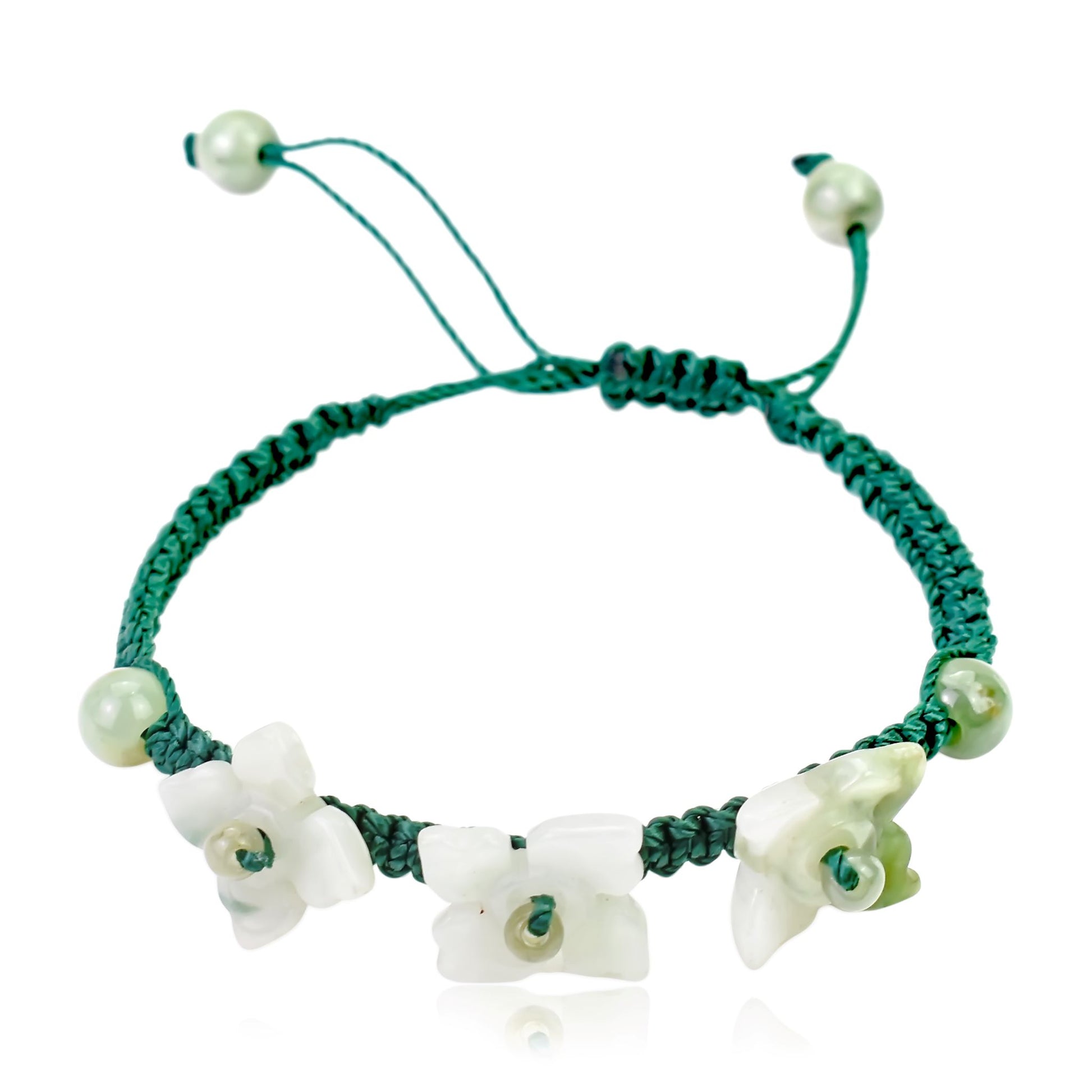 Get the Perfect Accessory with Triple Bouvardia Flower Jade Bracelet made with Green Cord