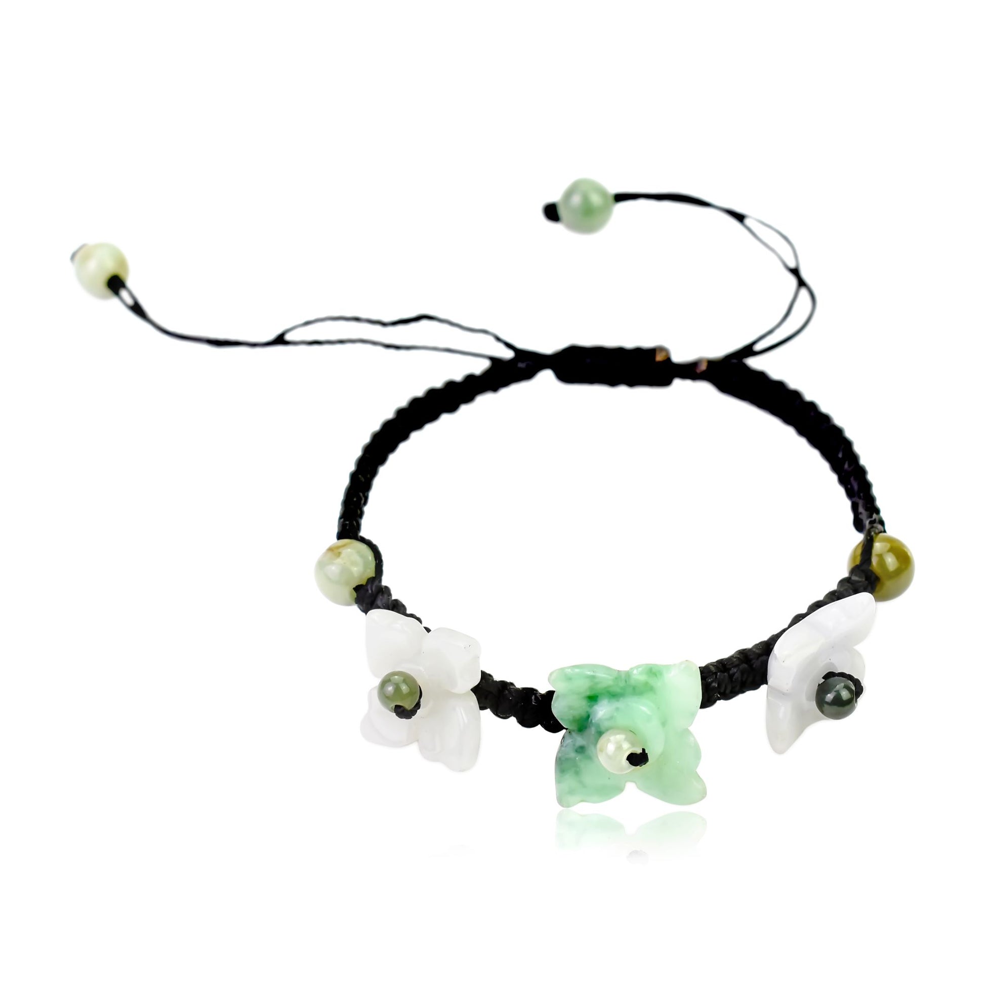 Get the Perfect Accessory with Triple Bouvardia Flower Jade Bracelet made with Black Cord