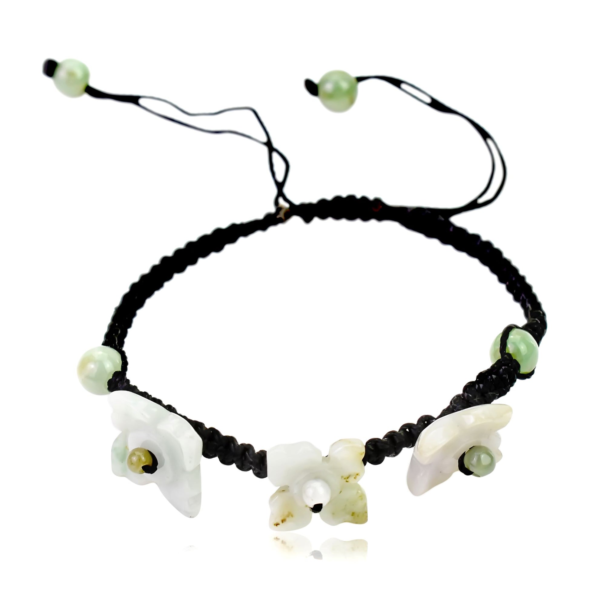 Get the Perfect Accessory with Triple Bouvardia Flower Jade Bracelet made with Black Cord