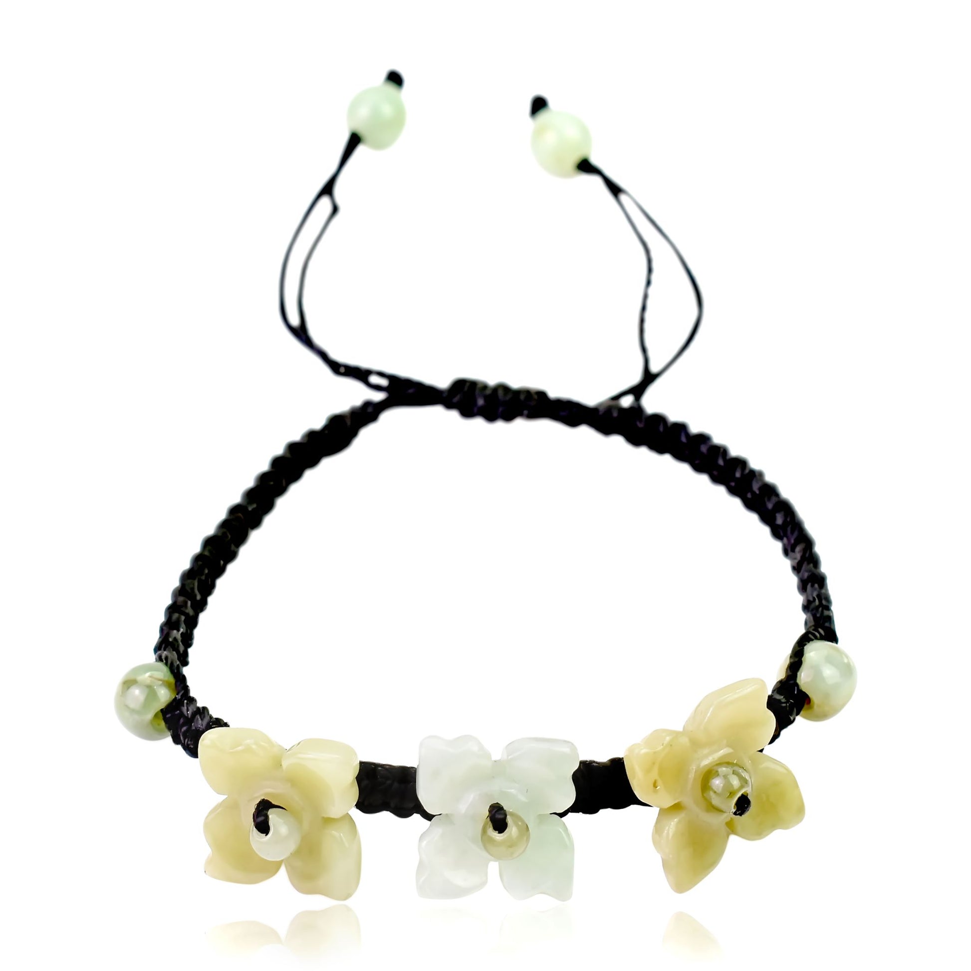 Get the Perfect Accessory with Triple Bouvardia Flower Jade Bracelet made with Black Cord