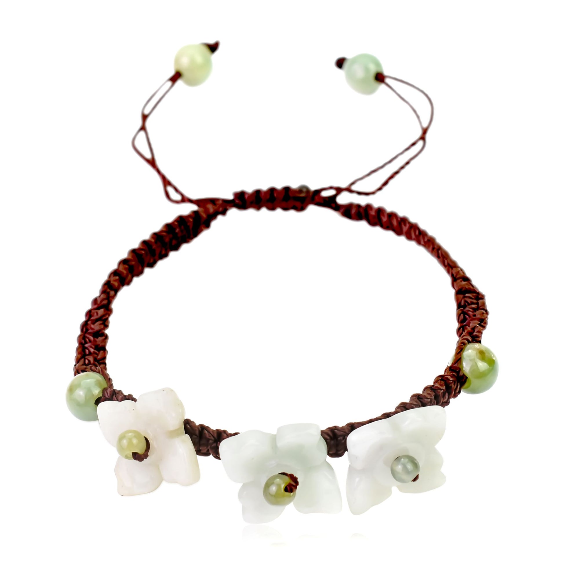 Get the Perfect Accessory with Triple Bouvardia Flower Jade Bracelet made with Brown Cord