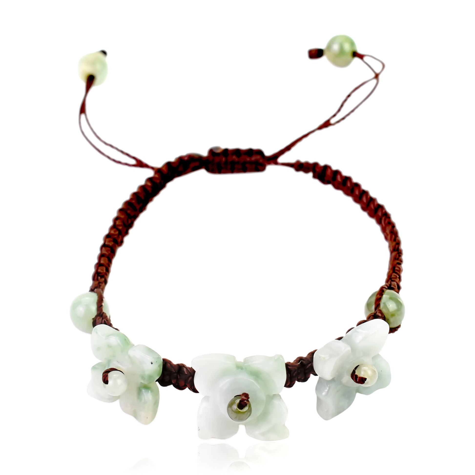 Get the Perfect Accessory with Triple Bouvardia Flower Jade Bracelet made with Brown Cord