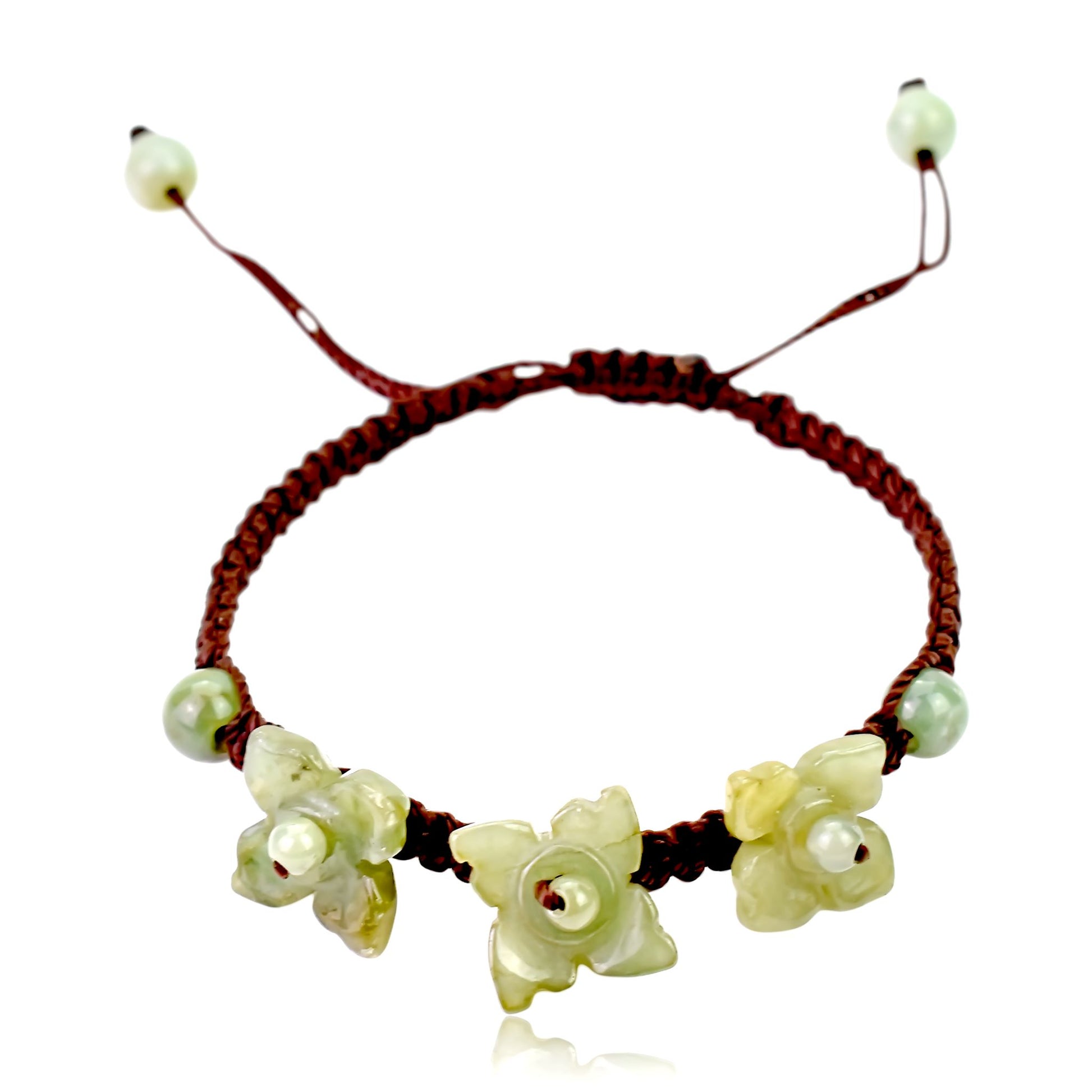 Get the Perfect Accessory with Triple Bouvardia Flower Jade Bracelet made with Brown Cord