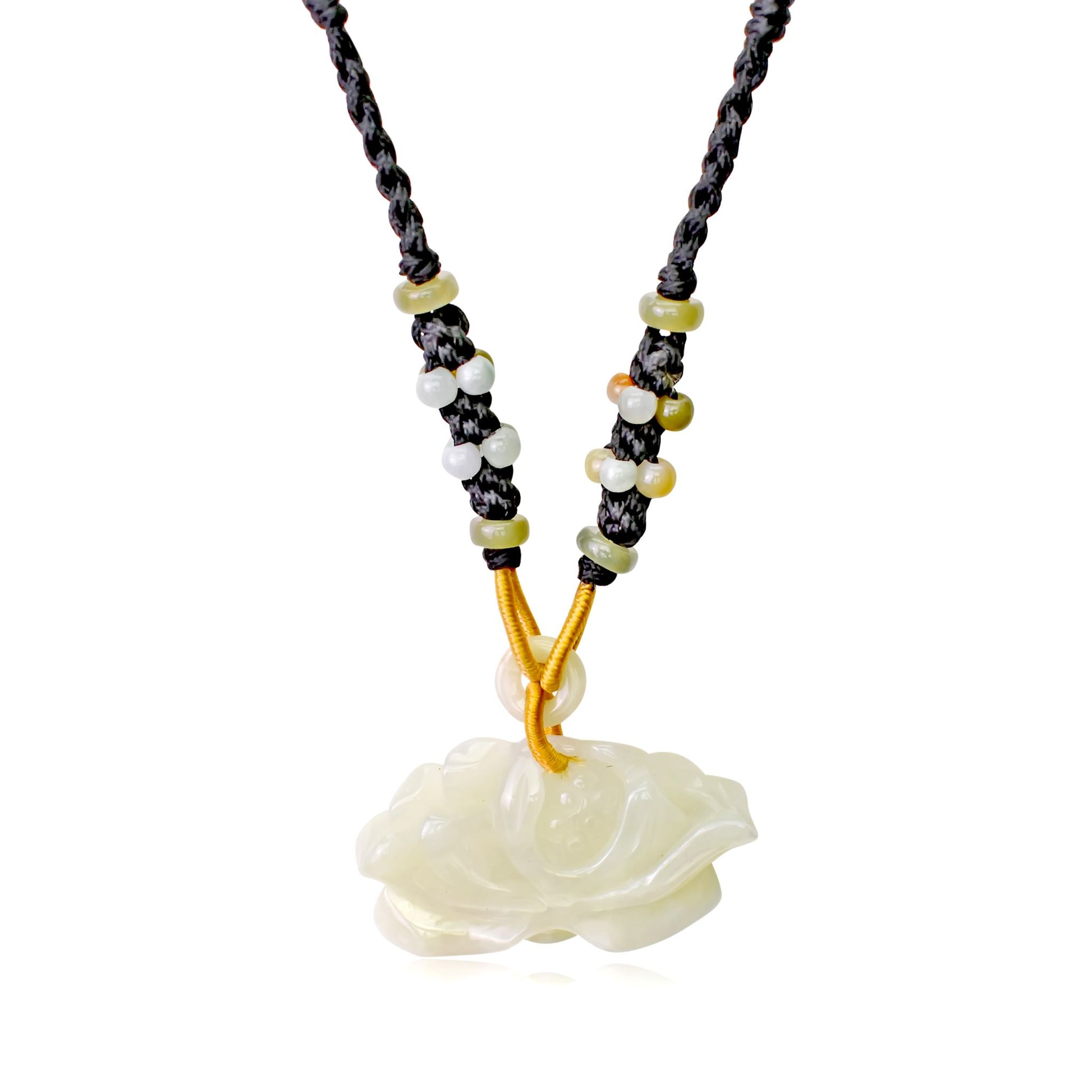 Beautiful Lotus Flower Handmade Jade Necklace Pendant with Black Cord