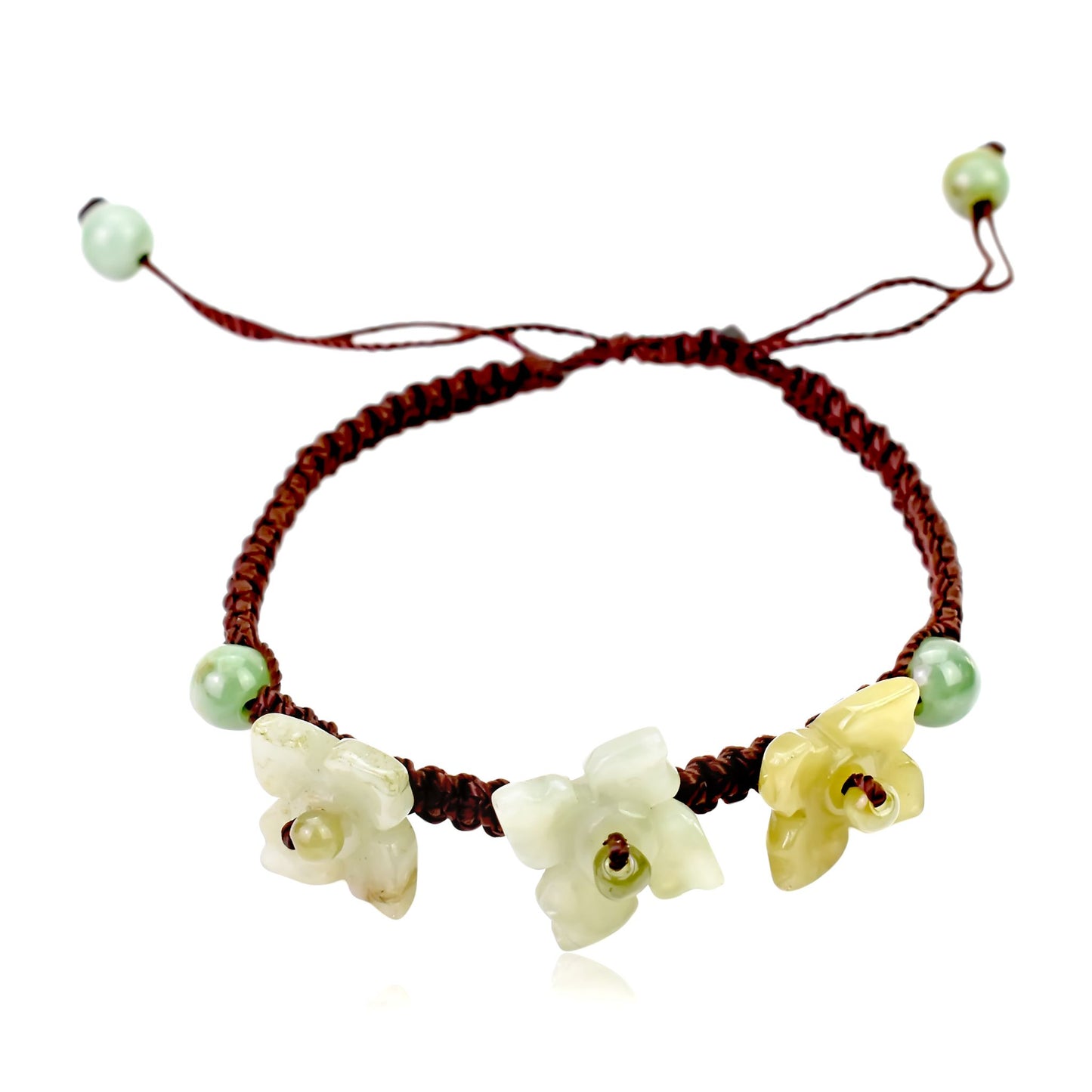 Get the Perfect Accessory with Triple Bouvardia Flower Jade Bracelet made with Brown Cord