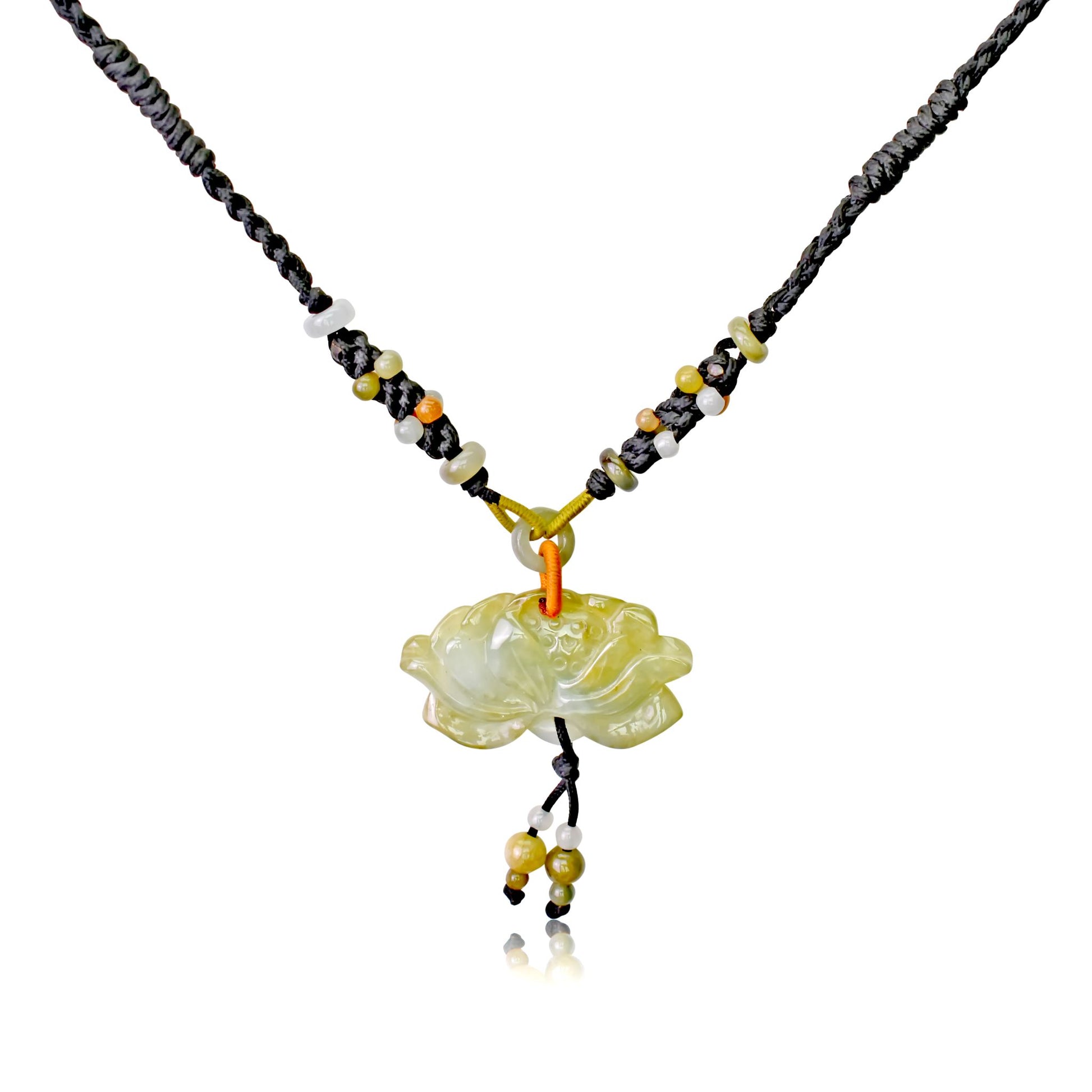 Beautiful Lotus Flower Handmade Jade Necklace Pendant with Black Cord