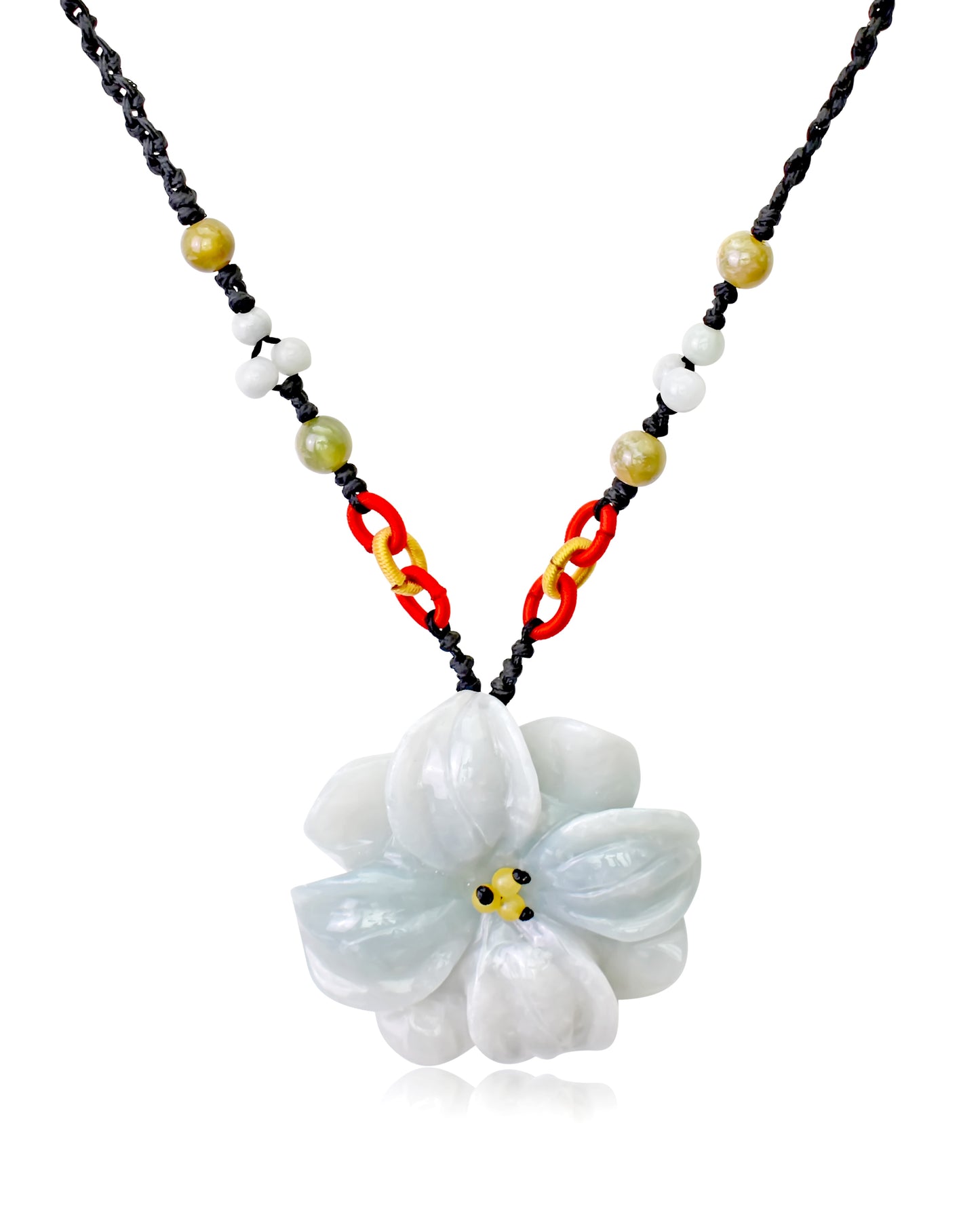 Stand Out and Shine with a Unique Dogwood Flower Jade Pendant made with Black Cord