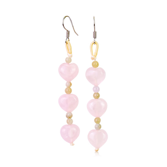 Accessorize with Style & Elegance with Triple Rose Quartz Heart Earrings made with White Cord