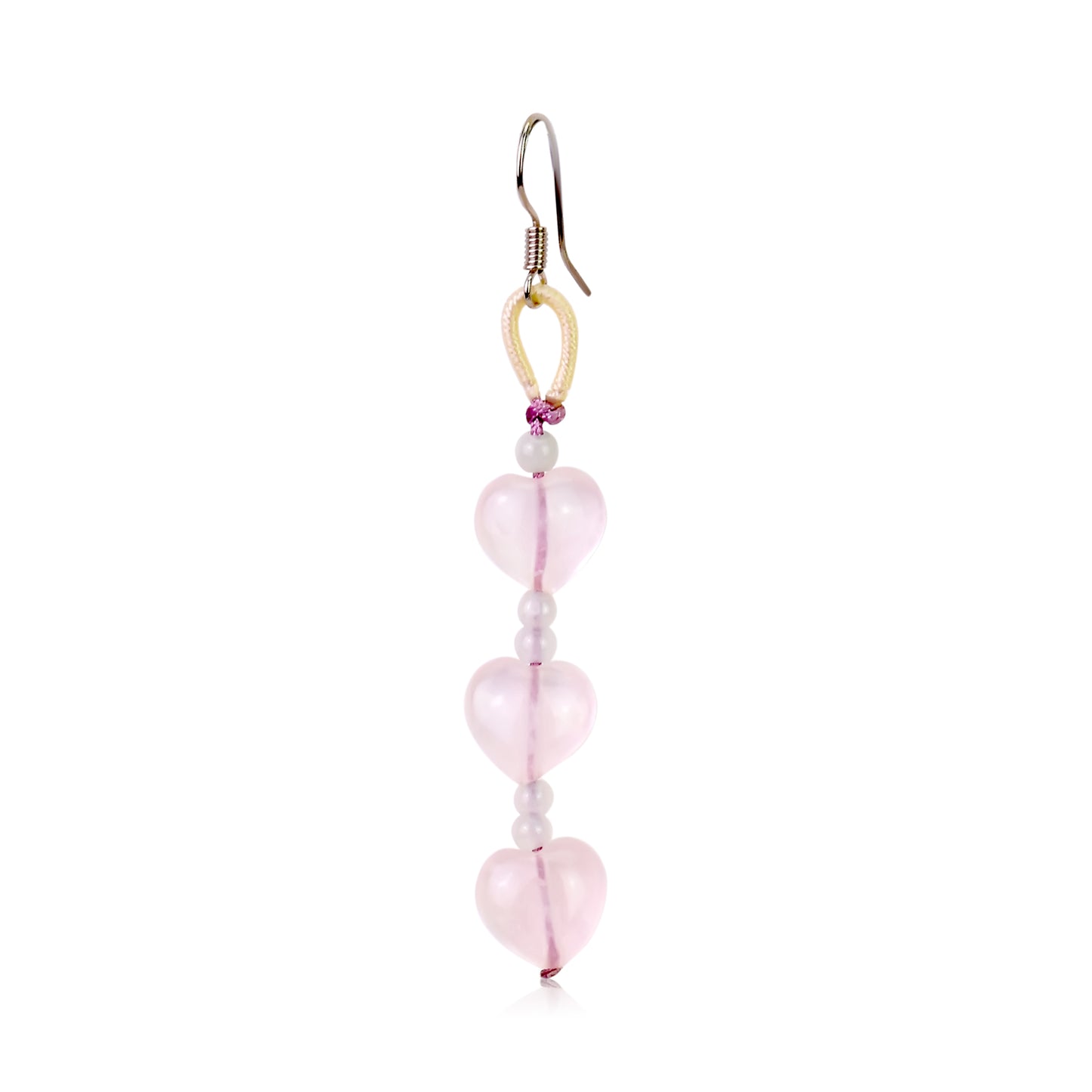 Accessorize with Style & Elegance with Triple Rose Quartz Heart Earrings made with Lavender Cord