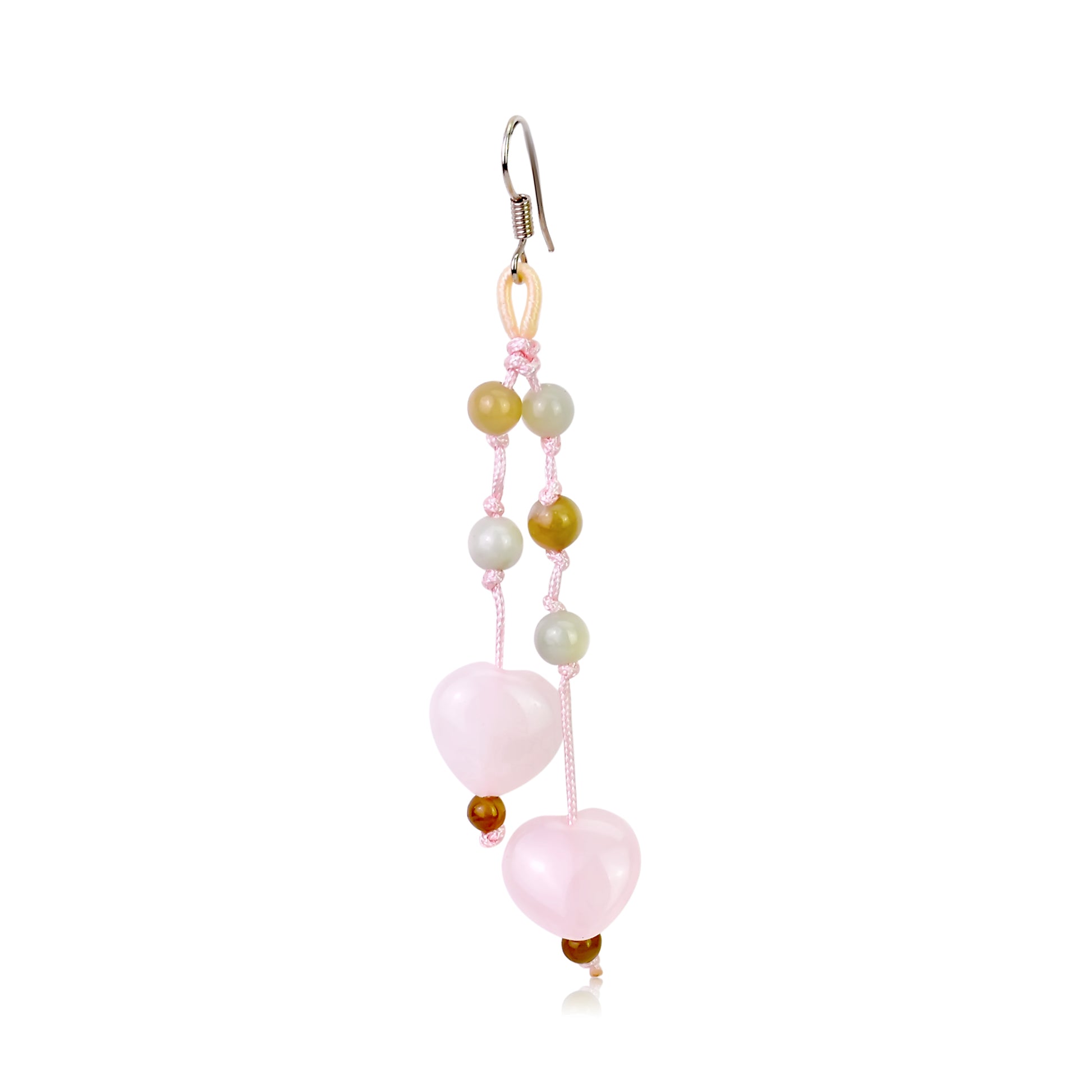 Show Off Your Style with Rose Quartz Heart Earrings made with Pink Cord