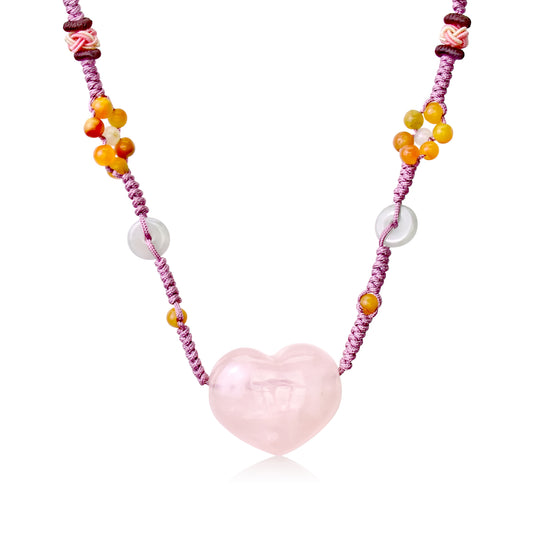 Enhance Your Style with a Rose Quartz Heart Gemstone Pendant made with Lavender Cord