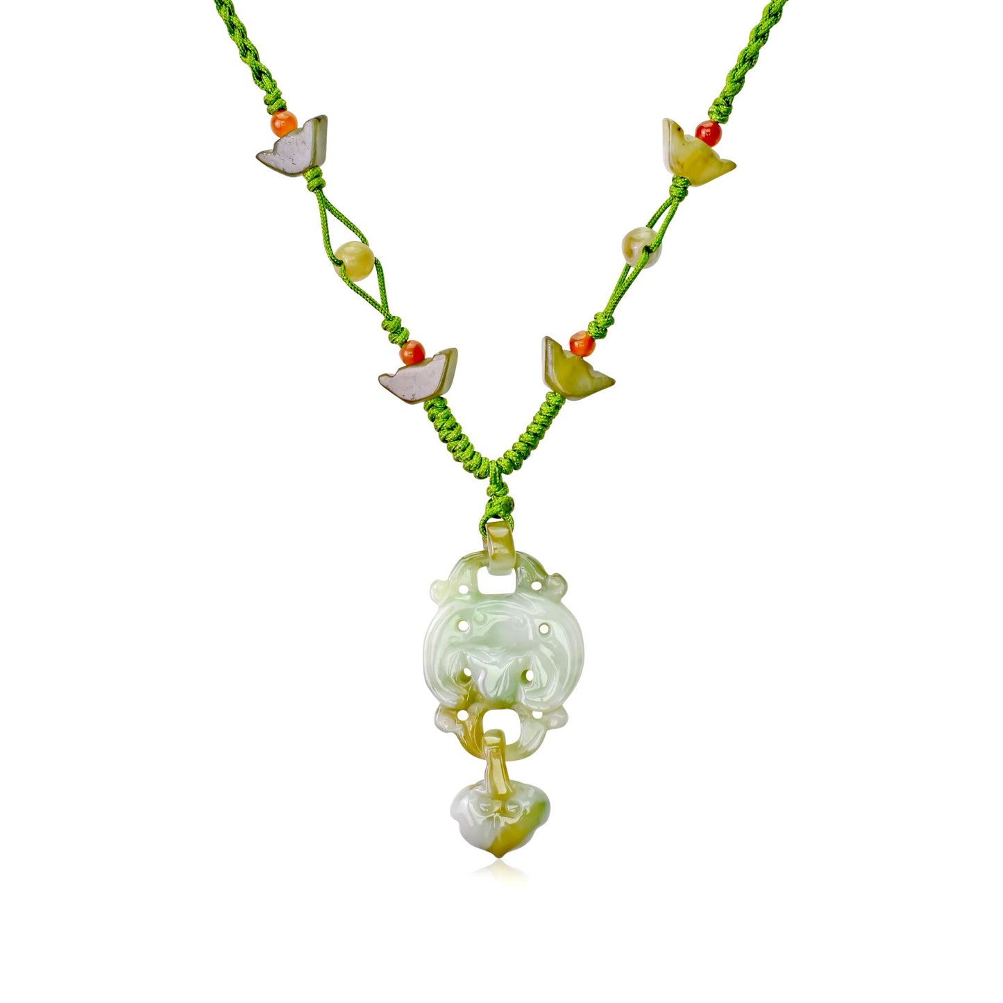 Elevate your Luck with Bat and Heart Handmade Jade Necklace Pendant made with Lime Cord