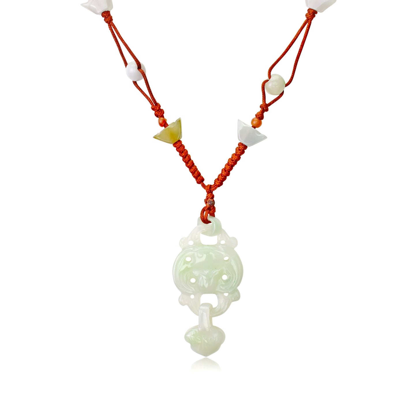 Elevate your Luck with Bat and Heart Handmade Jade Necklace Pendant made with Light Brown Cord