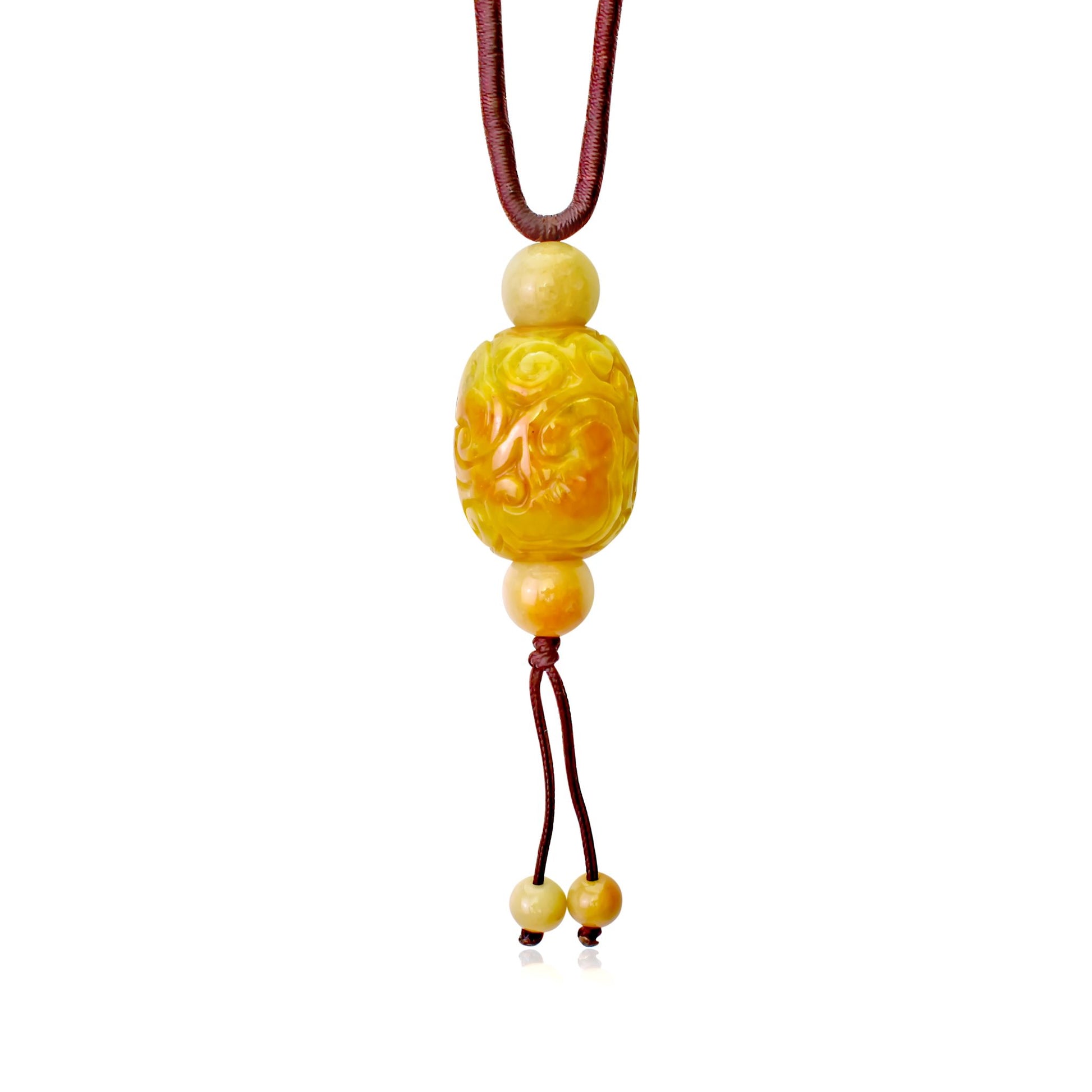 Add Opulence to Your Wardrobe with the Embroidery Jade Pendant Necklace made with Brown Cord