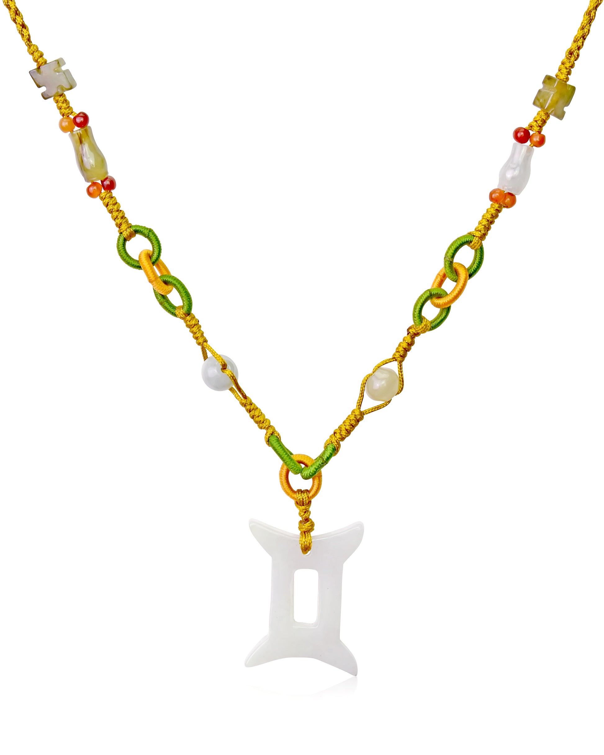 Represent the Gemini Sign with a Handmade Jade Pendant made with Yellow Cord