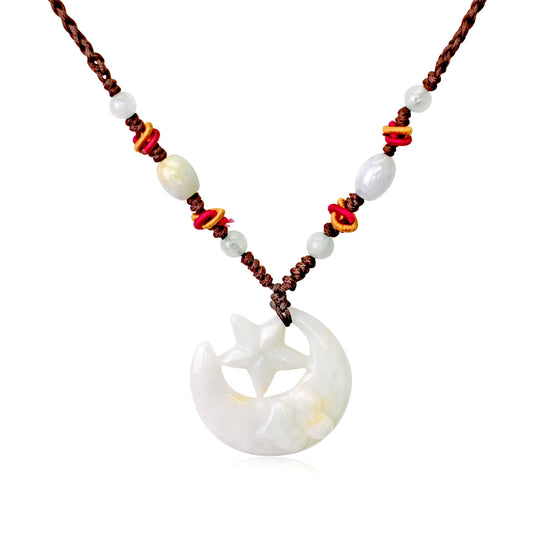 Embrace Renewal with a Crescent Moon Handmade Jade Necklace made with Brown Cord