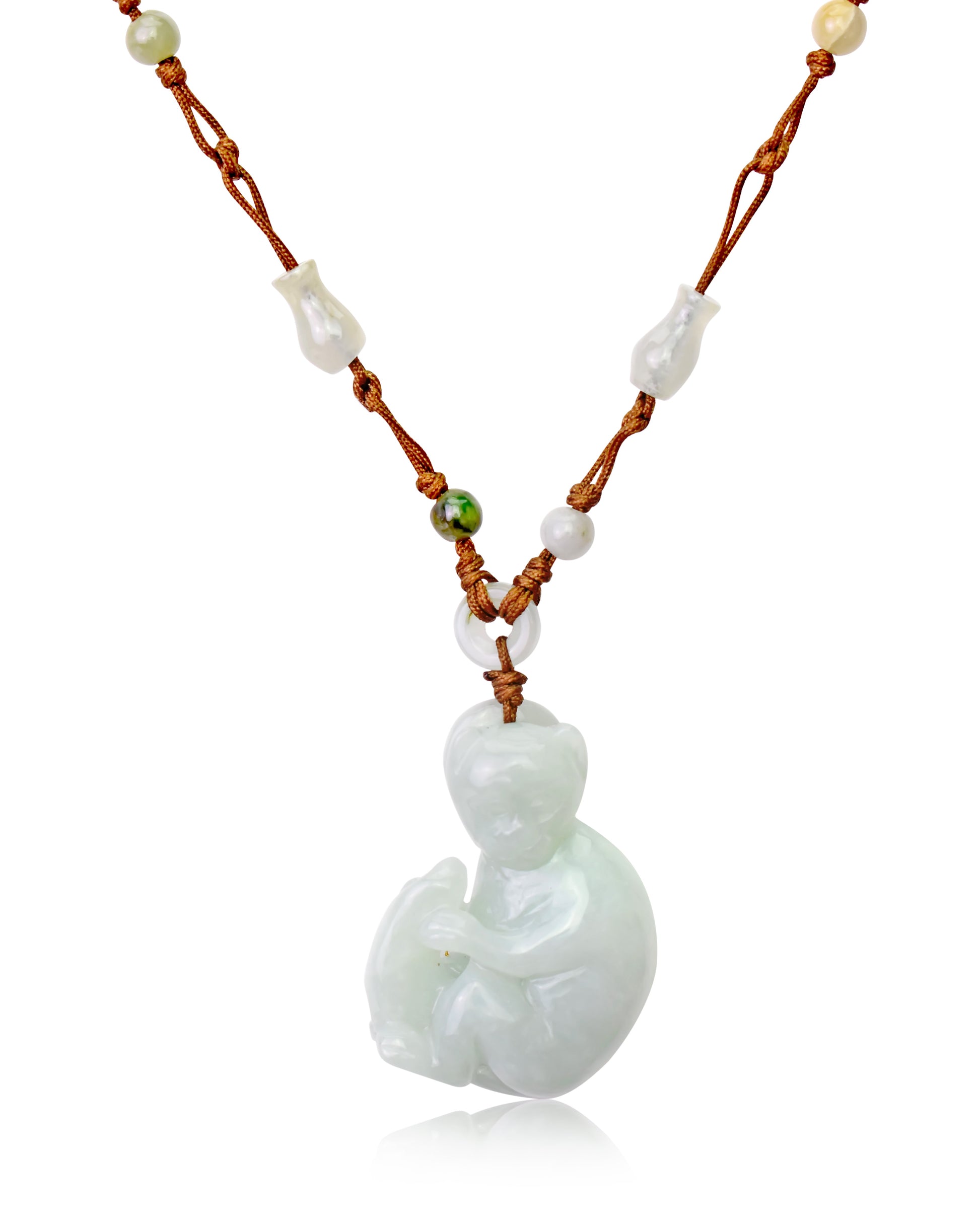 Unique Handmade Jewelry: Banana Monkey Jade Necklace made with Brown Cord