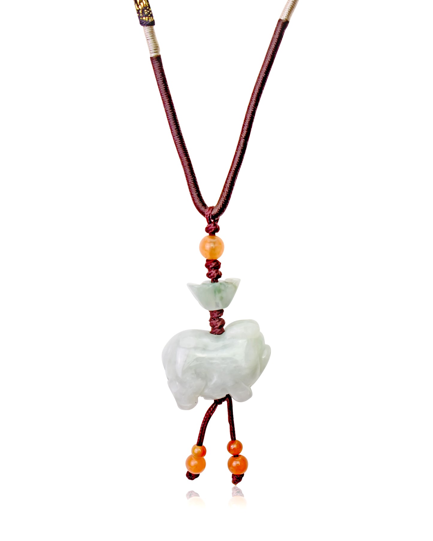 Shine with this Boar Chinese Zodiac Handmade Jade Necklace made with Brown Ribbons