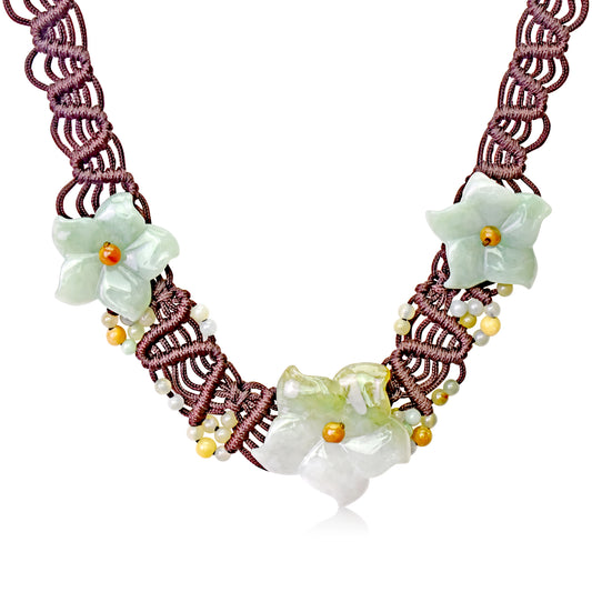 Get the Perfect Accessory for Day or Night: Columbine Flower Jade Necklace made with Brown Cord