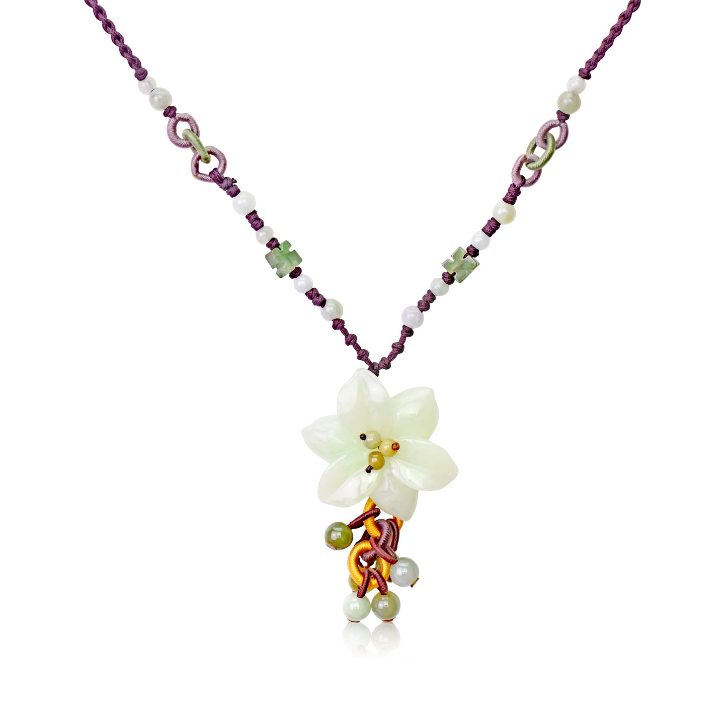 Experience Gracefulness with Pear Blossom Flower Honey Jade Necklace made with Brown Cord