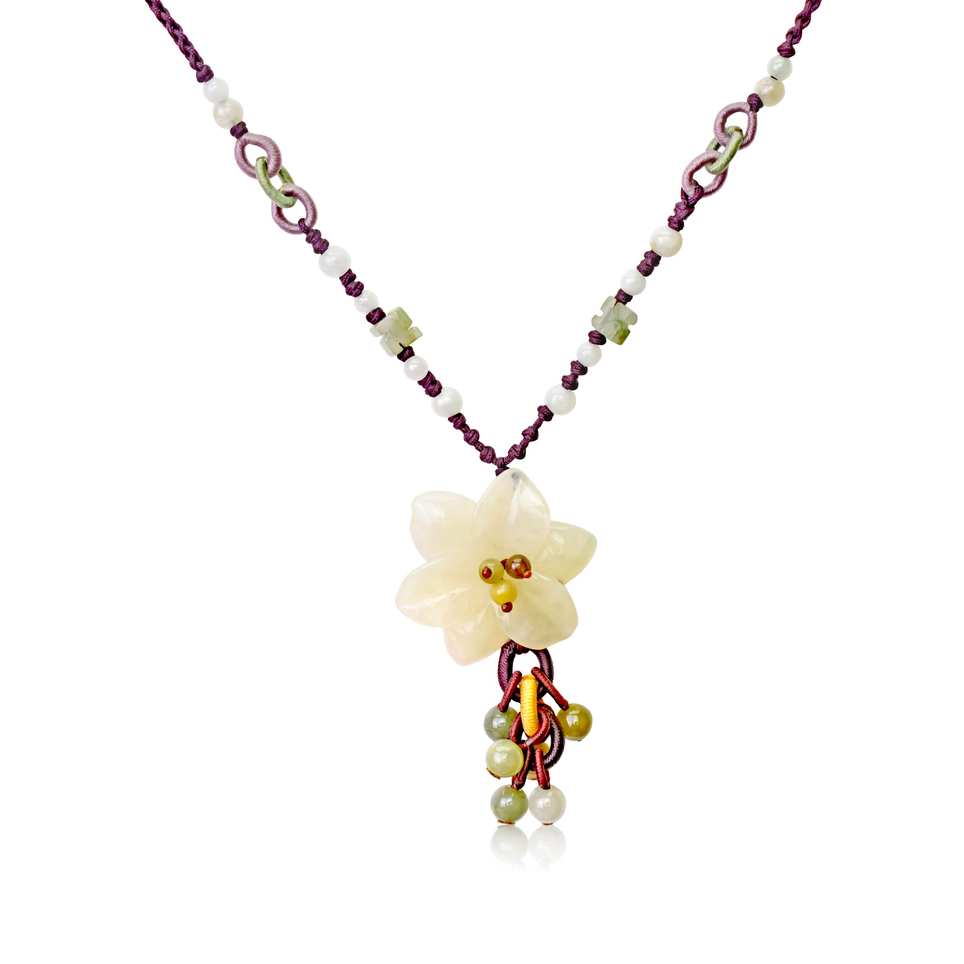 Experience Gracefulness with Pear Blossom Flower Honey Jade Necklace made with Brown Cord