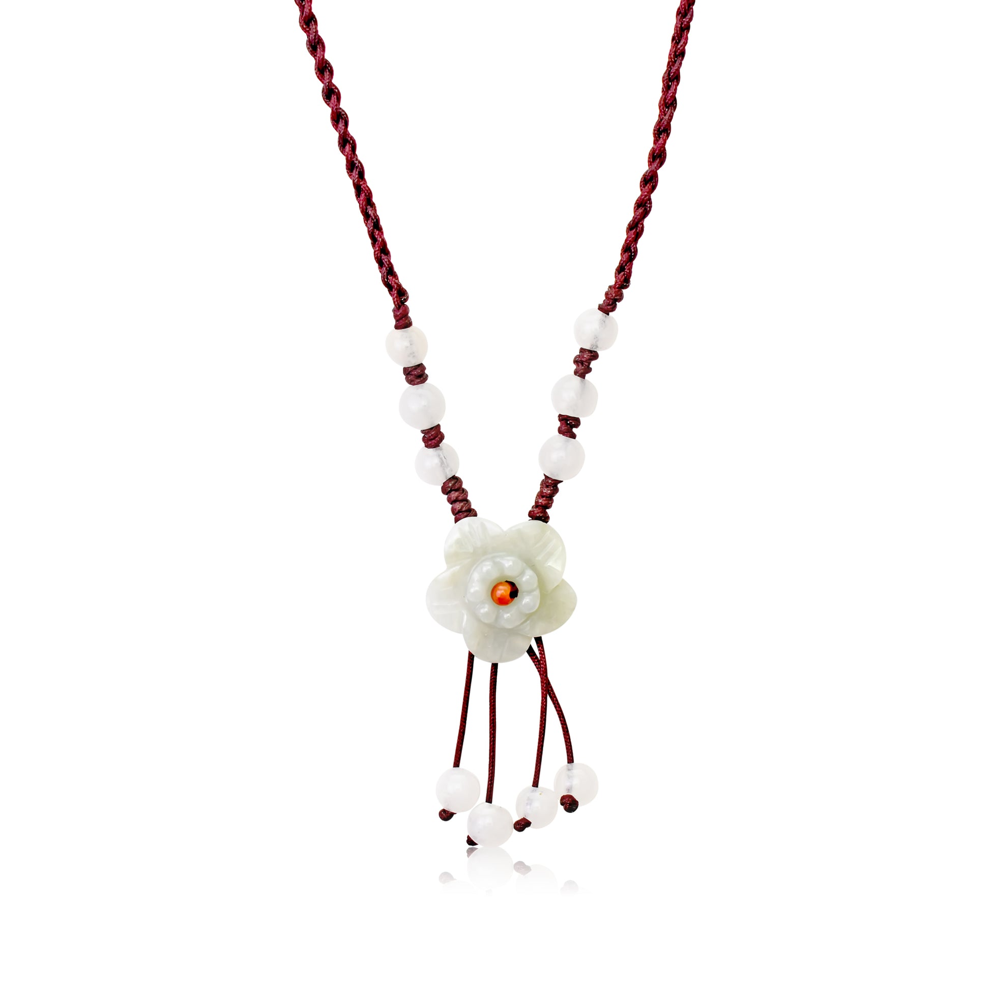 Accent Your Style with Rose Flower Handmade Jade Necklace made with Brown Cord
