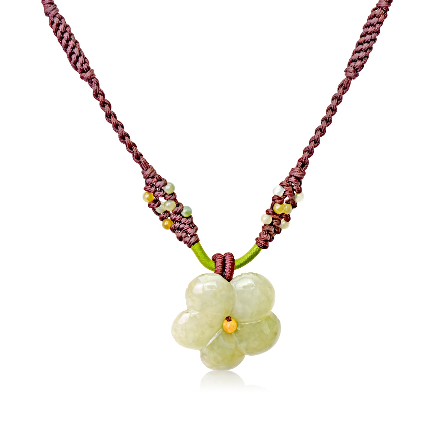 Get the Look You Crave with the Clematis Blossom Jade Necklace with Brown Cord
