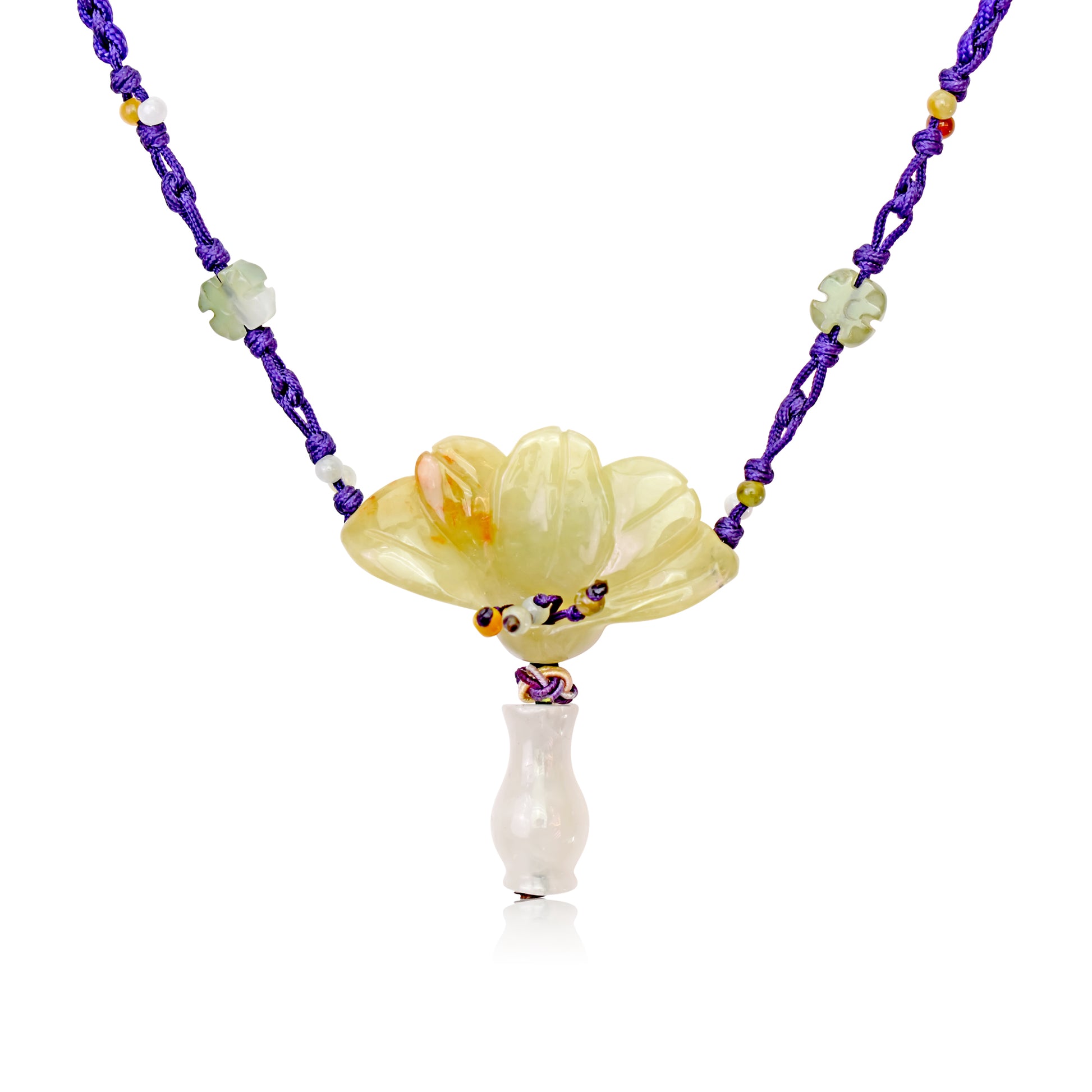 Make Your Wishes Come True with the Peacock Flower Jade Necklace made with Purple Cord