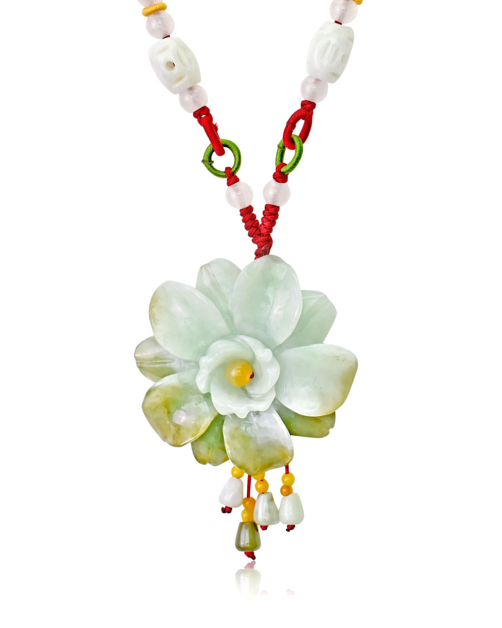 Green Jade Necklace Large Camellia Flower for Gifting 