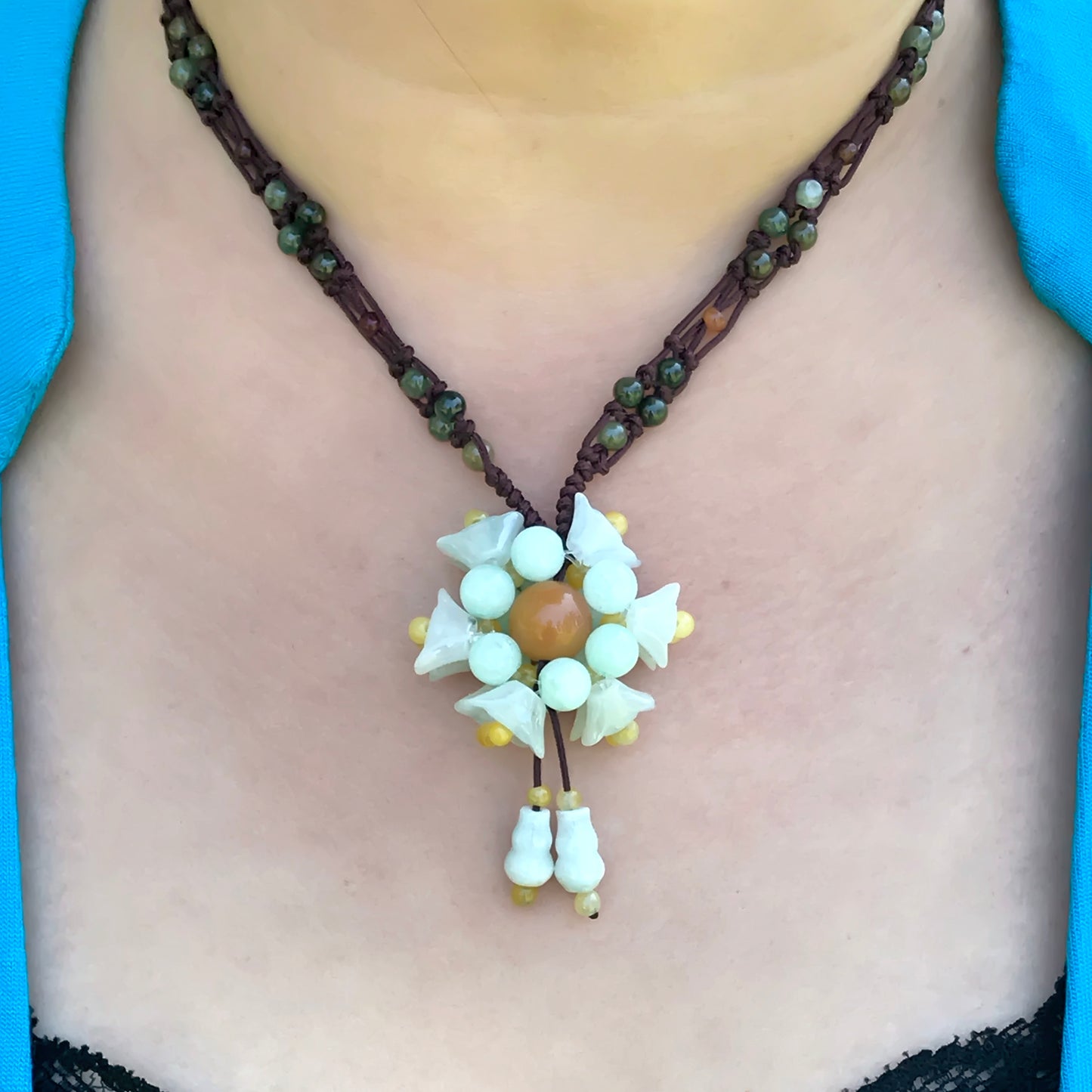 Wear a Burst of Color with Solidaster Flower Jade Necklace Pendant