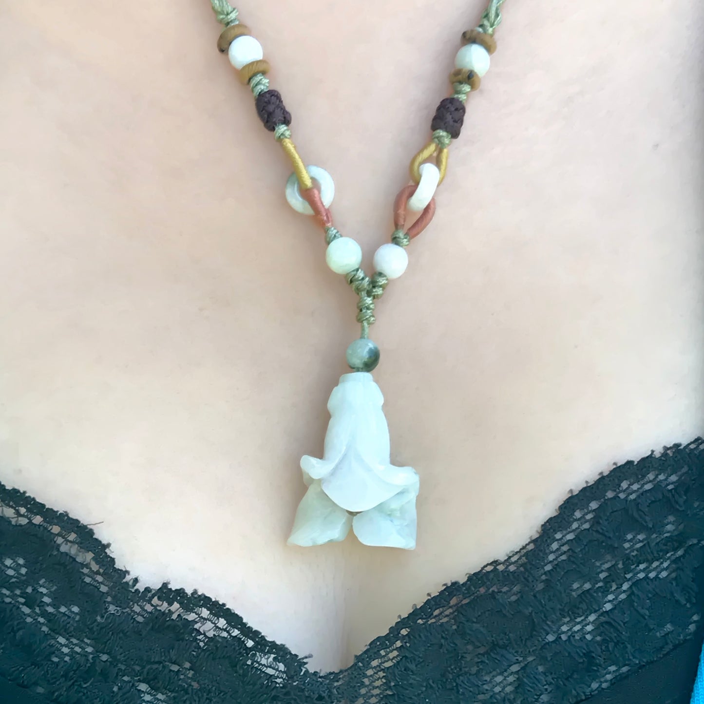 Get a One-of-a-Kind Jewelry Piece with Bellflower Jade Necklace made with Sea Green Cord