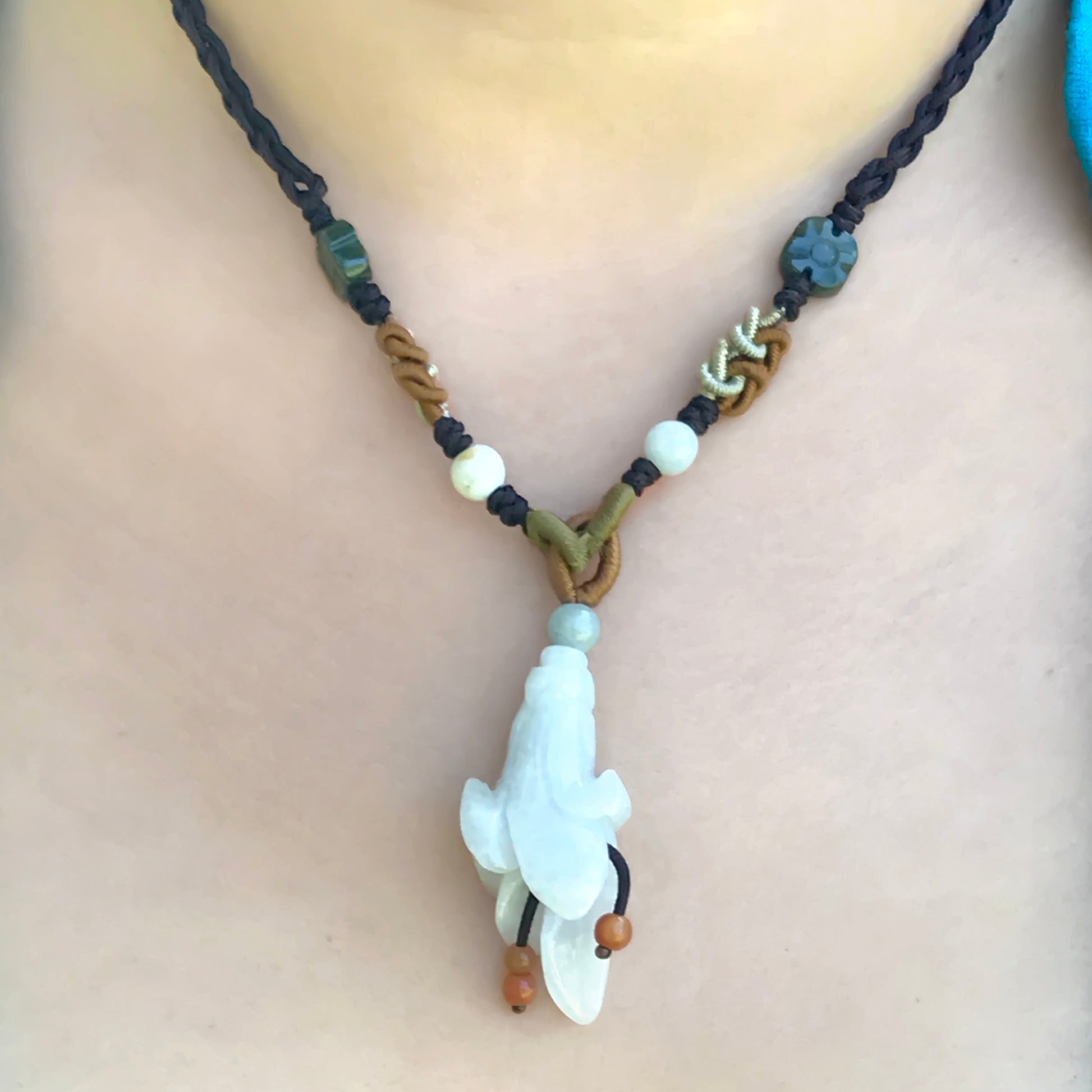 Get a One-of-a-Kind Jewelry Piece with Bellflower Jade Necklace made with Brown Cord