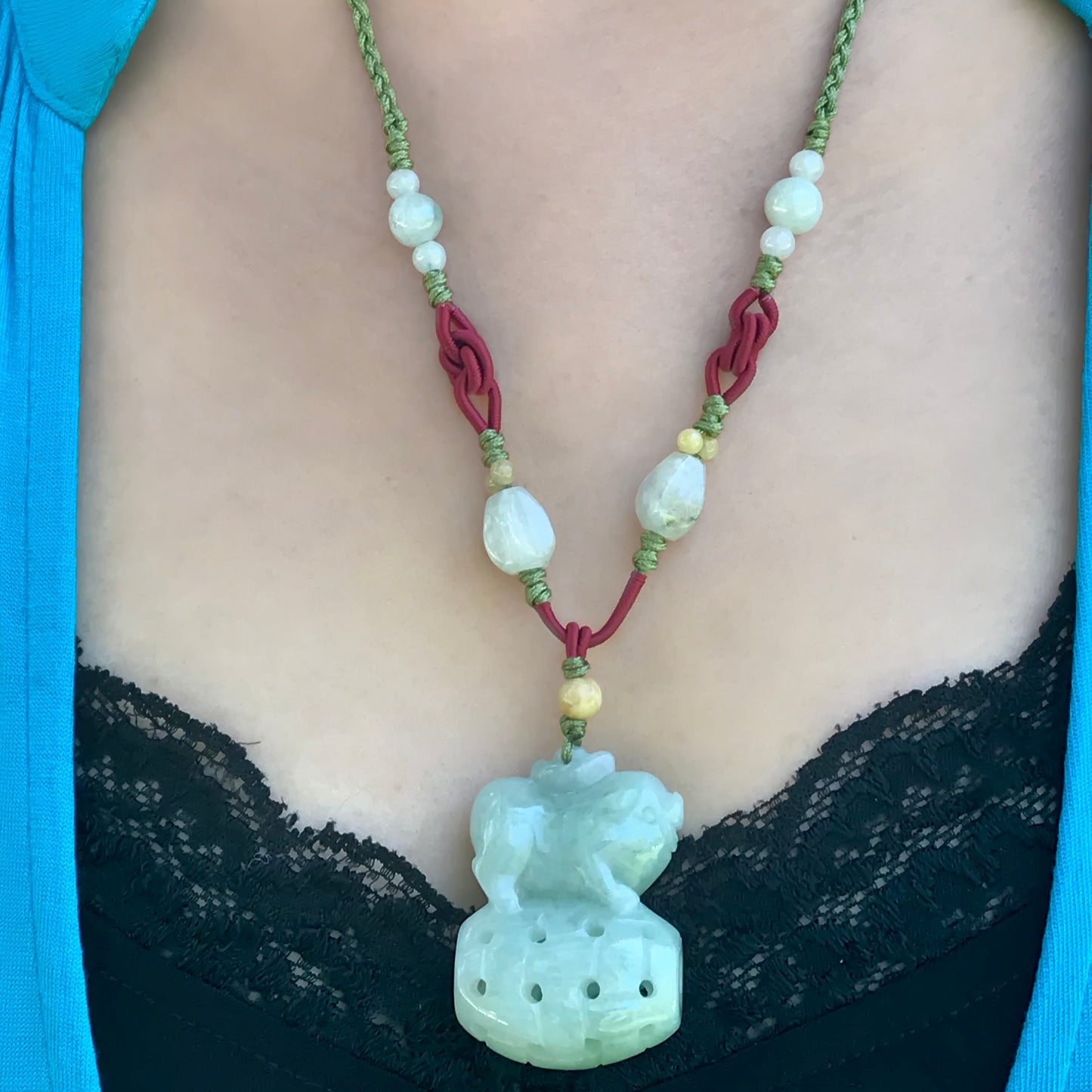 Attract Luck and Wealth with the Boar Chinese Zodiac Handmade Jade Necklace made with Sea Green Cord