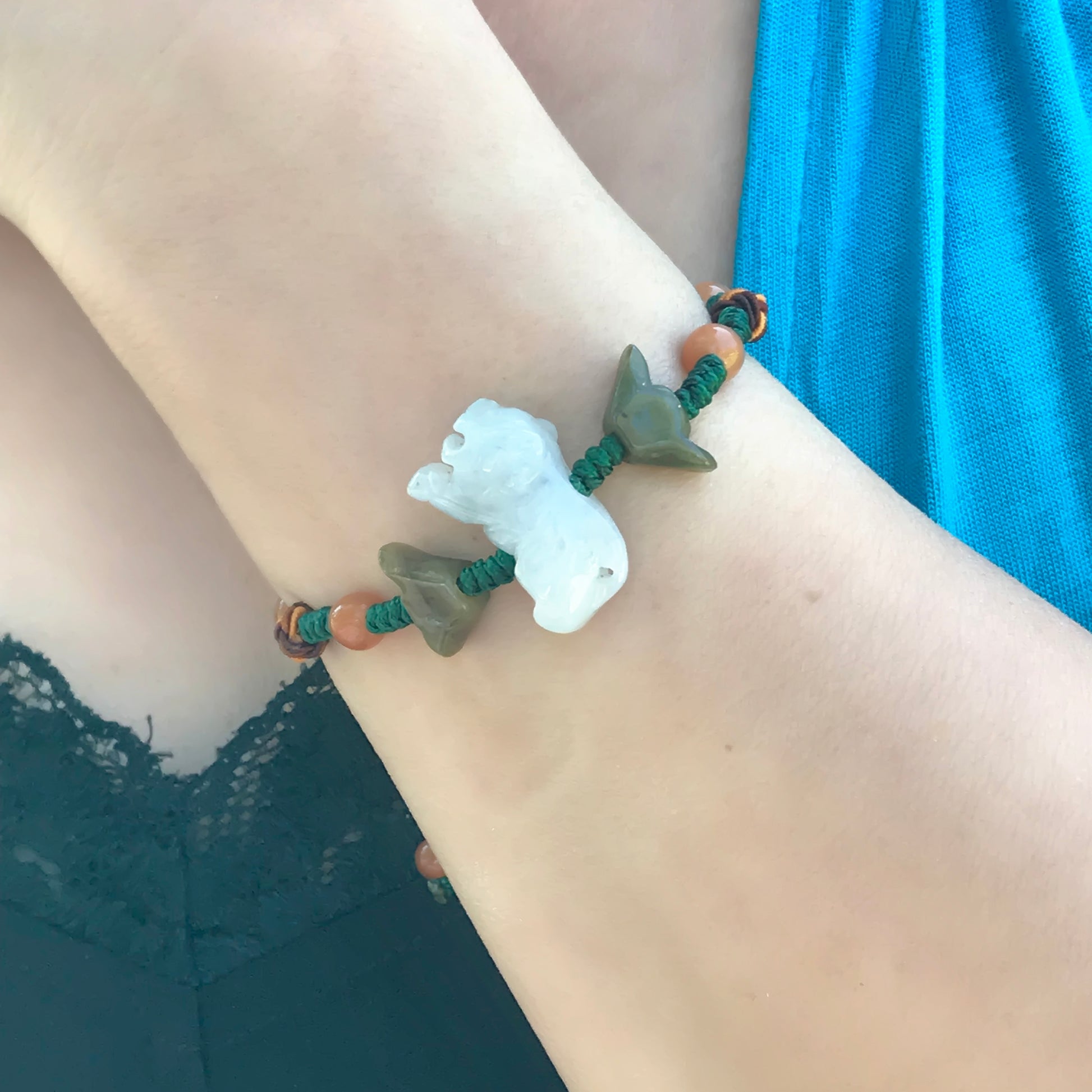 Step Into Your Inner Power with a Tiger Beaded Jade Bracelet made with Green Cord