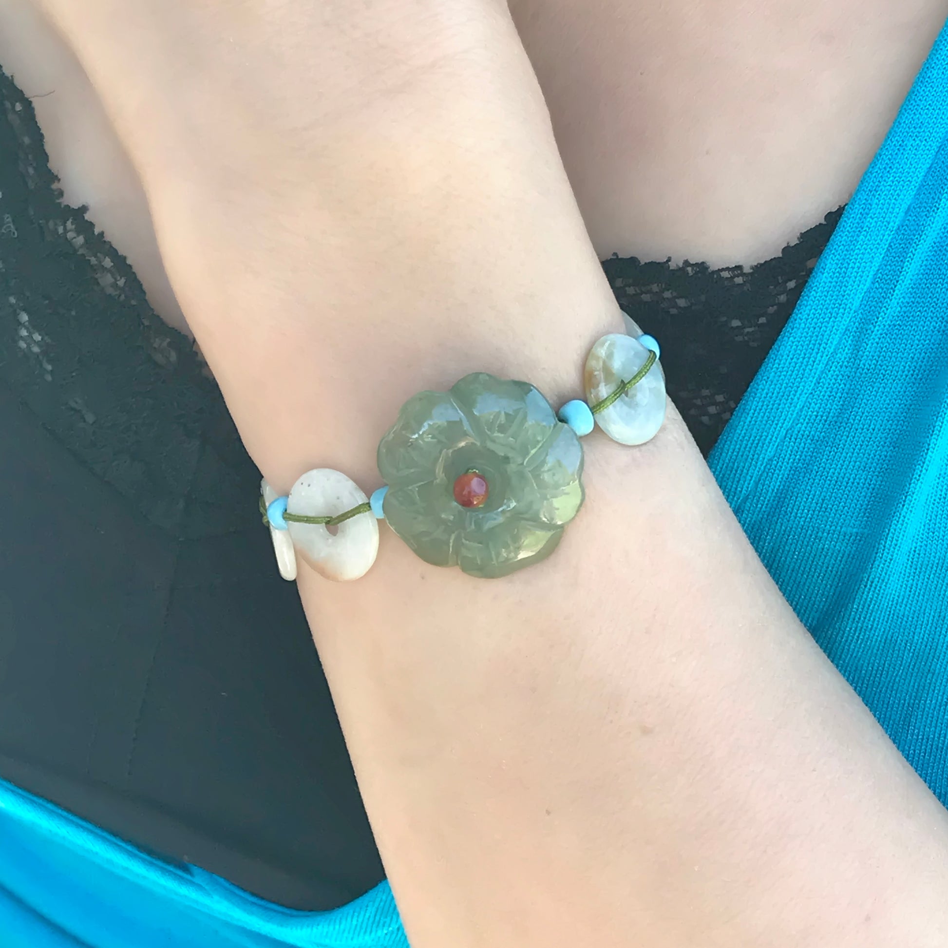 Create a Calm Atmosphere with this Cherry Blossom Jade Bracelet made with Lime Cord