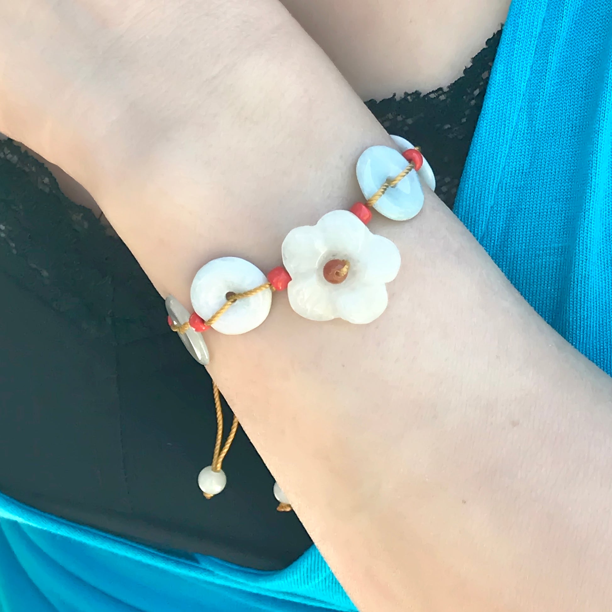 Create a Calm Atmosphere with this Cherry Blossom Jade Bracelet made with Yellow Cord