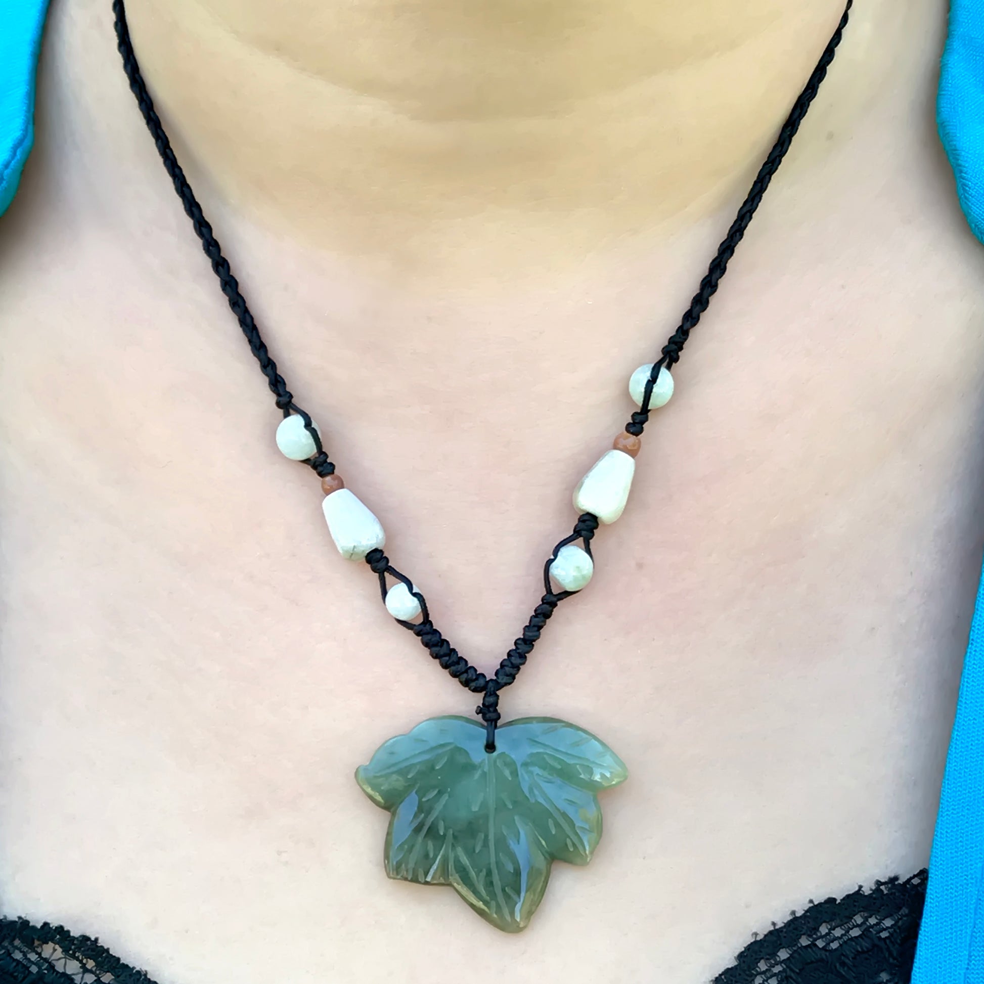 Earthy Maple Leaf Handmade Jade Necklace Pendant made with Black Cord