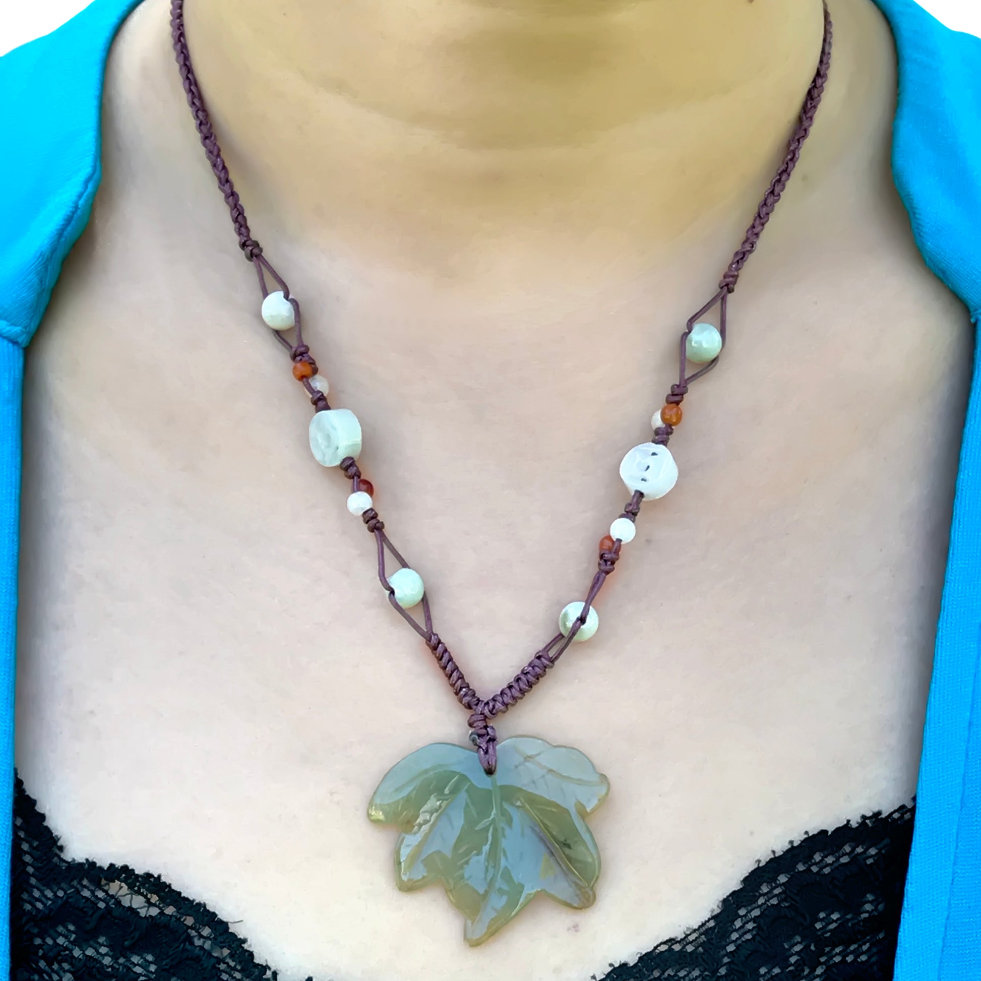 Earthy Maple Leaf Handmade Jade Necklace Pendant made with Brown Cord