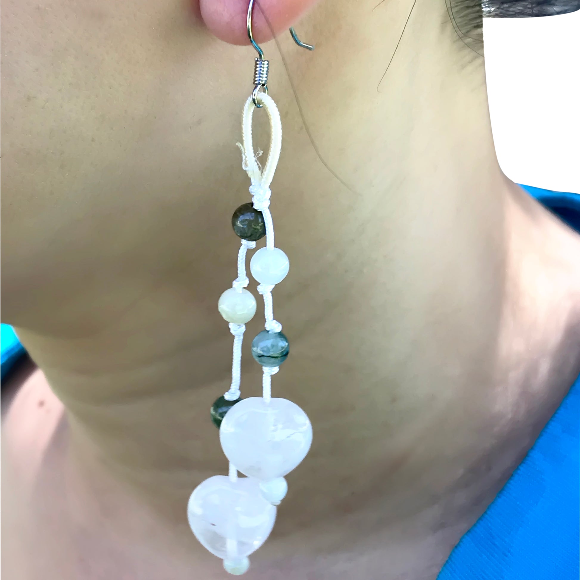 Show Off Your Style with Rose Quartz Heart Earrings made with White Cord